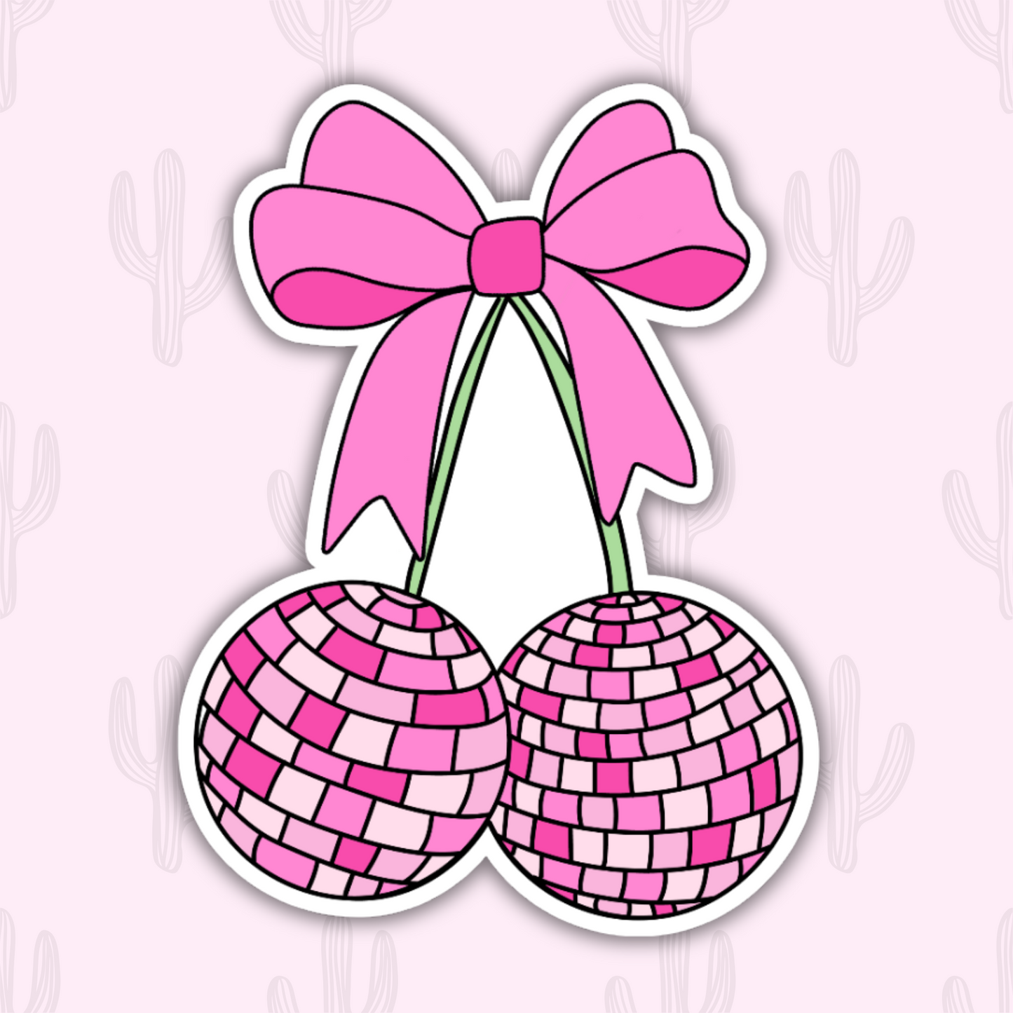 A colorful sticker featuring two disco ball cherries with a glossy pink and magenta tiled design. The cherries are connected by green stems tied at the top with a large pink bow.