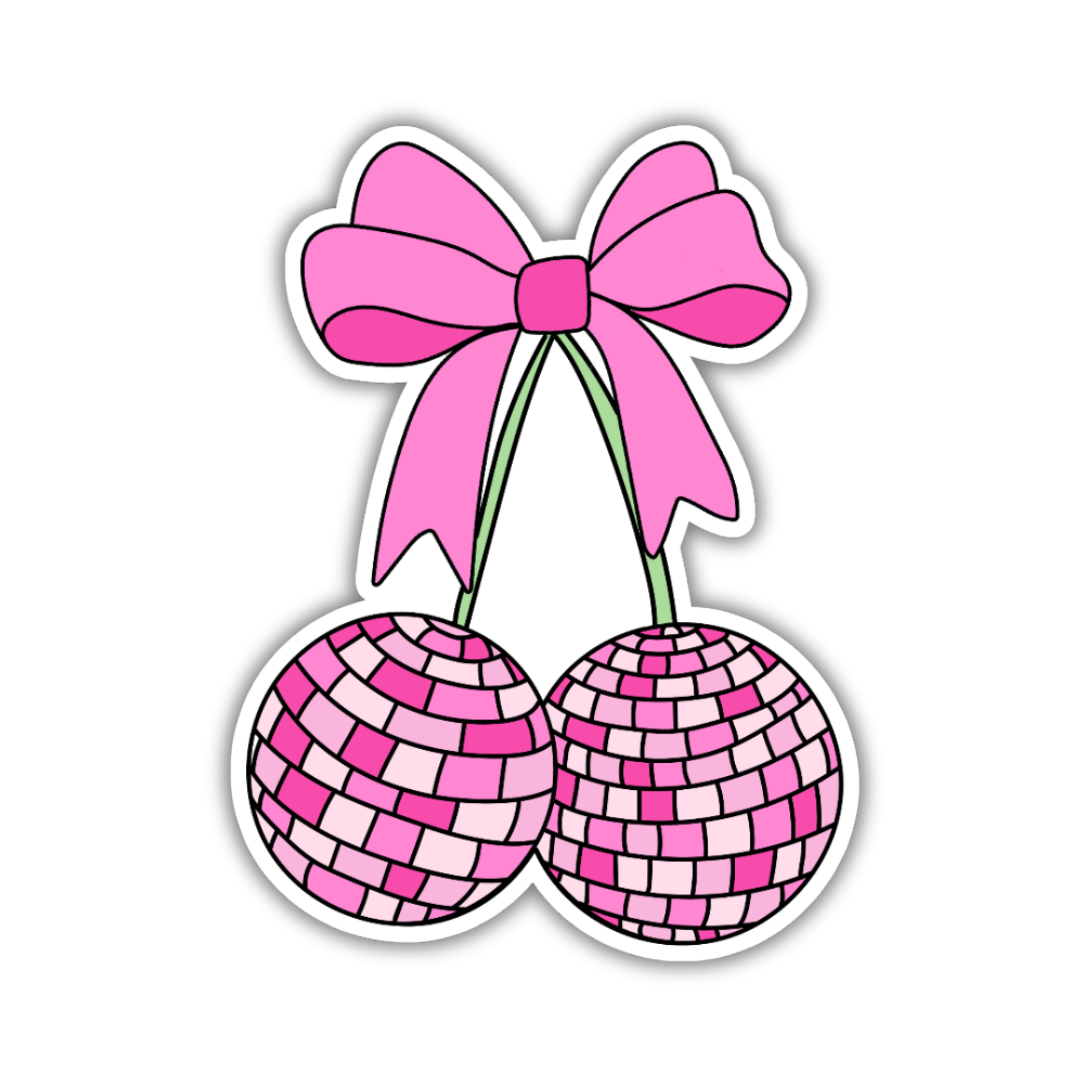 A colorful sticker featuring two disco ball cherries with a glossy pink and magenta tiled design. The cherries are connected by green stems tied at the top with a large pink bow.
