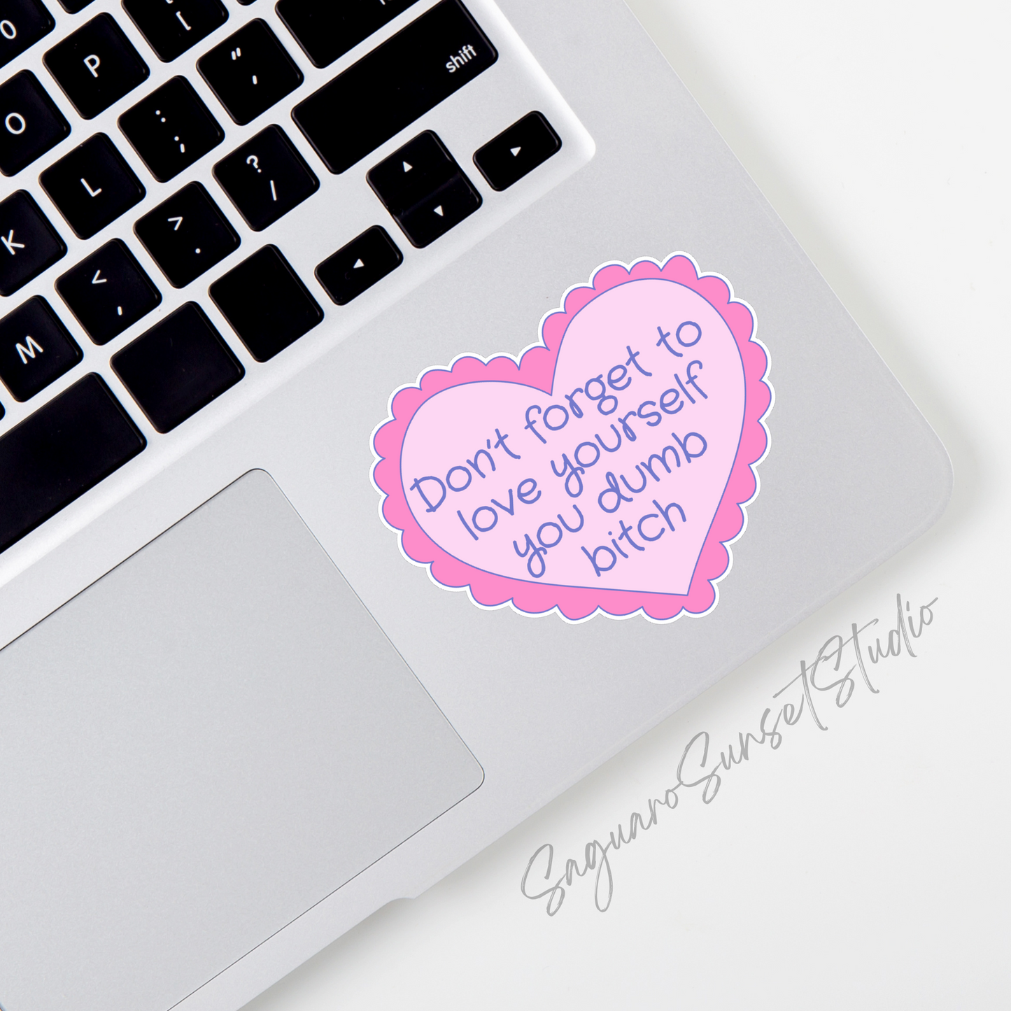 A sticker with the phrase "Don't forget to love yourself you dumb bitch" in purple writing surrounded by a pink heart.