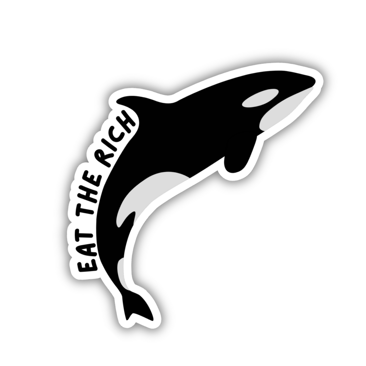 A sticker featuring a black and white orca jumping with the text "Eat the Rich" curving along its body in bold lettering.