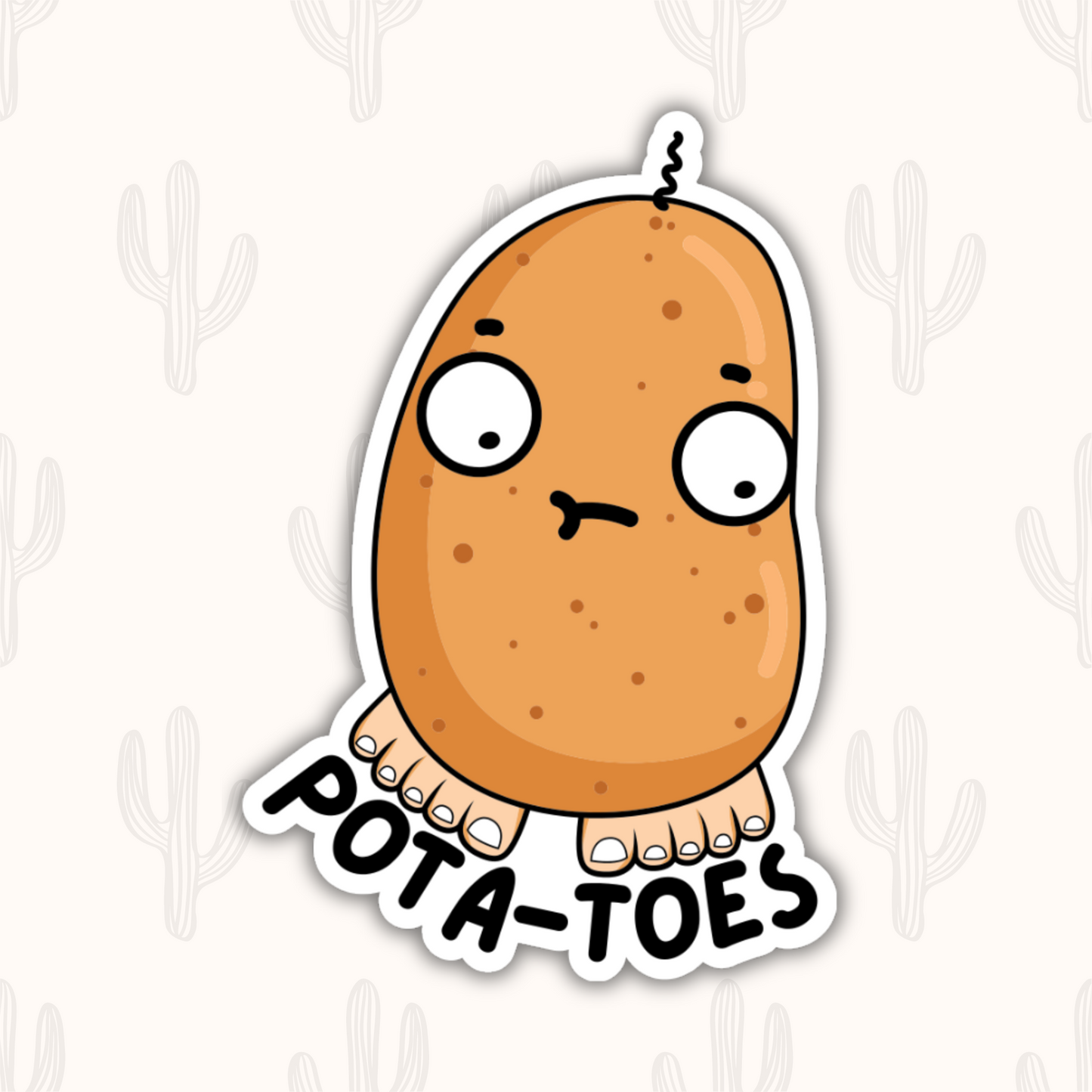 A sticker featuring a cartoon potato with a goofy expression, complete with toes at the bottom, and the text "Pota-Toes" curved below the design.