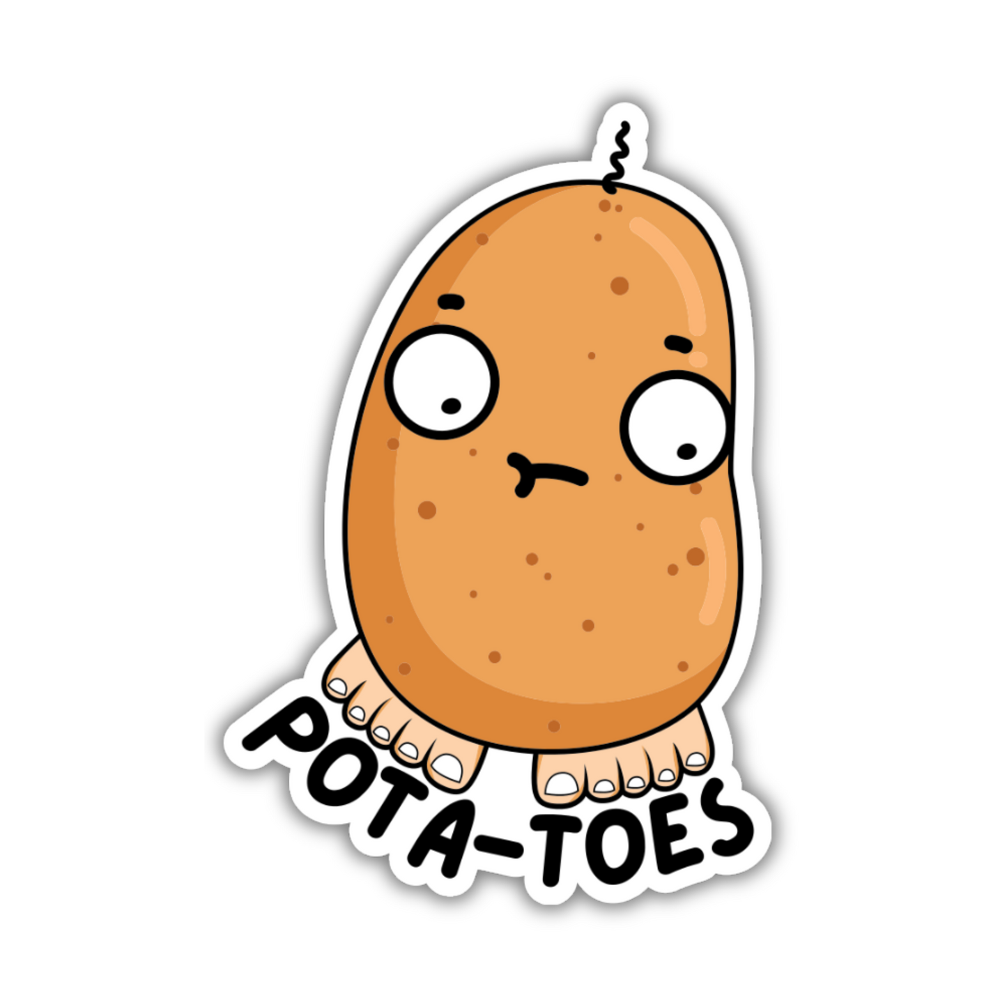 A sticker featuring a cartoon potato with a goofy expression, complete with toes at the bottom, and the text "Pota-Toes" curved below the design.