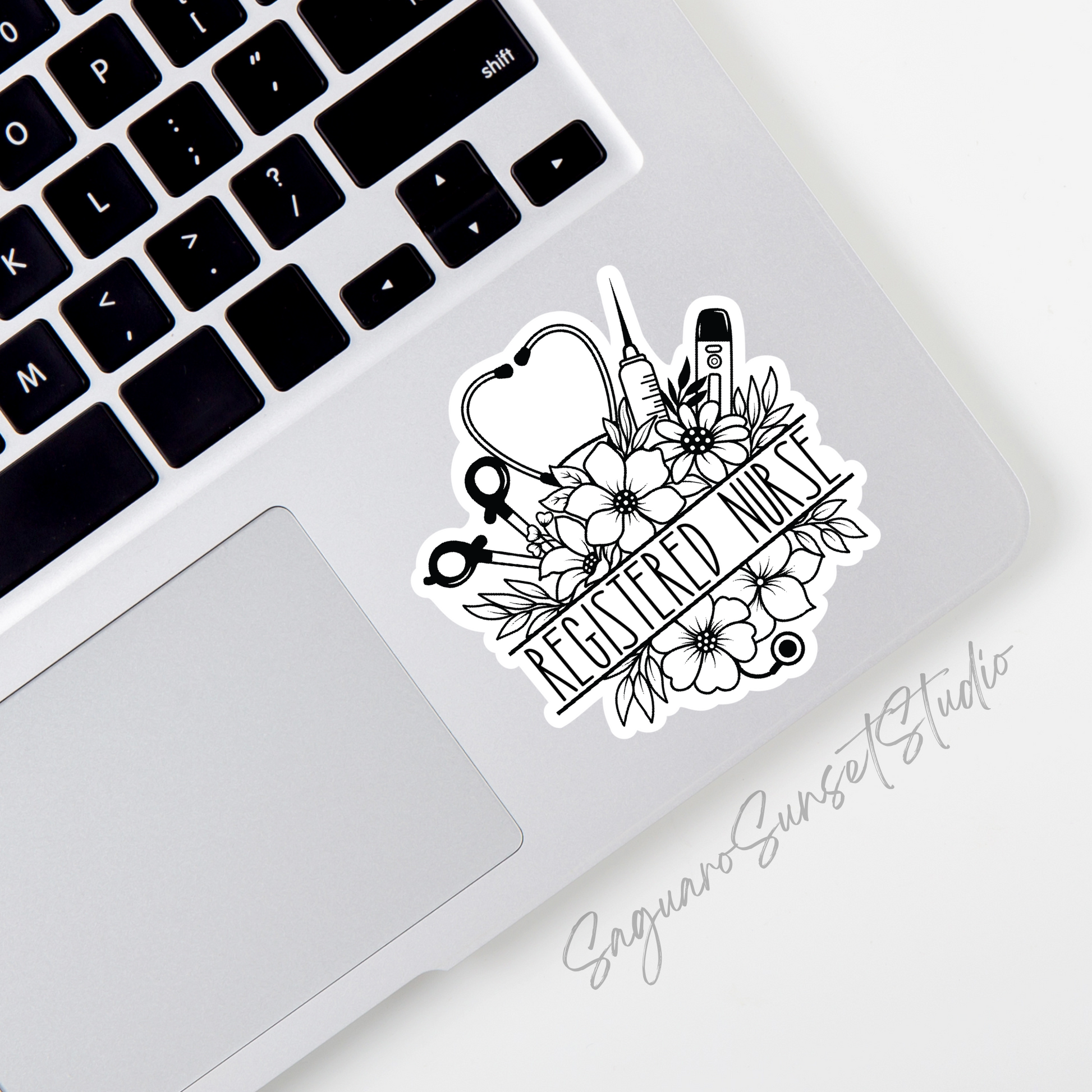 A sticker featuring the text "Registered Nurse" surrounded by a floral bouquet with nursing tools like a stethoscope, syringe, and thermometer, all in a detailed black-and-white design.