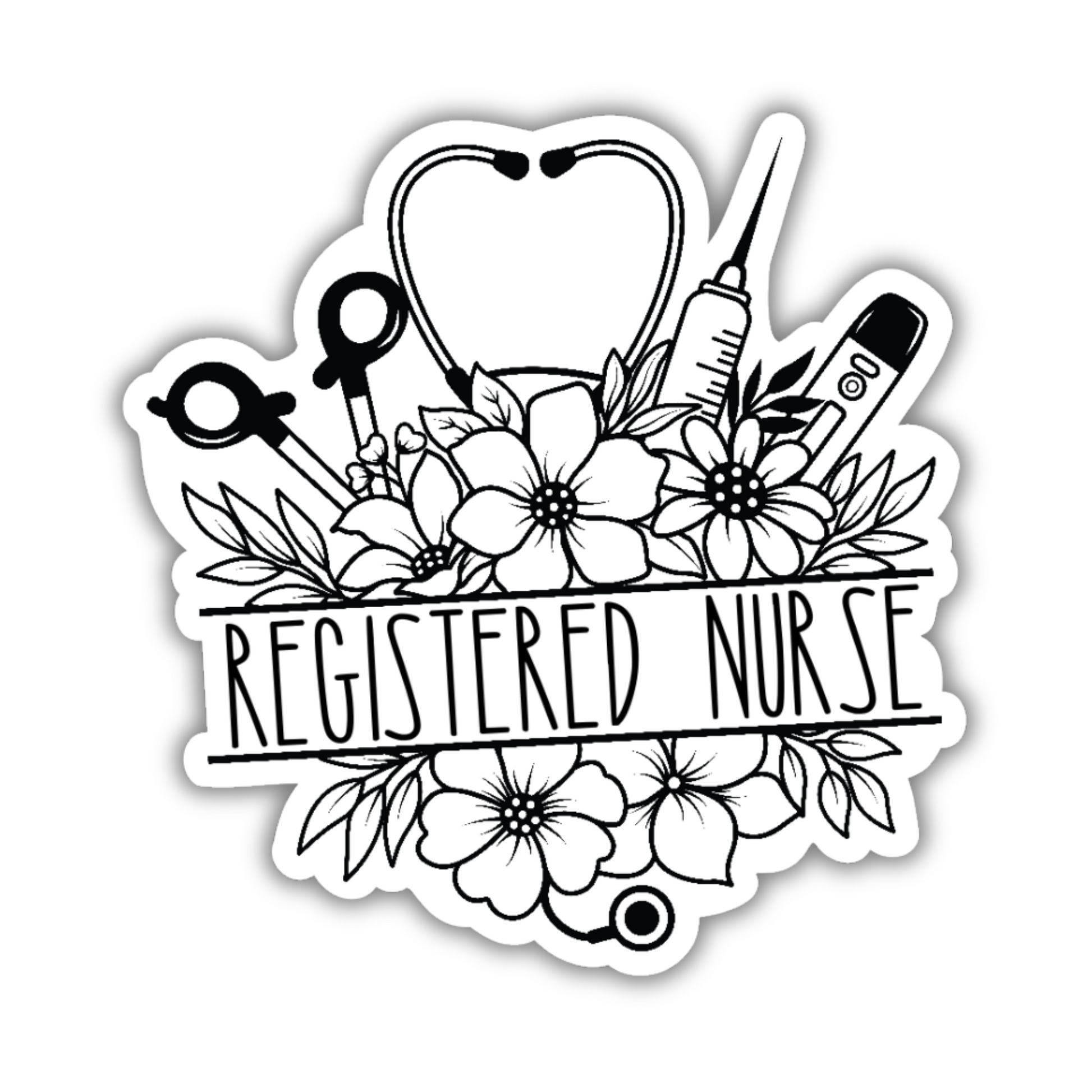 A sticker featuring the text "Registered Nurse" surrounded by a floral bouquet with nursing tools like a stethoscope, syringe, and thermometer, all in a detailed black-and-white design.