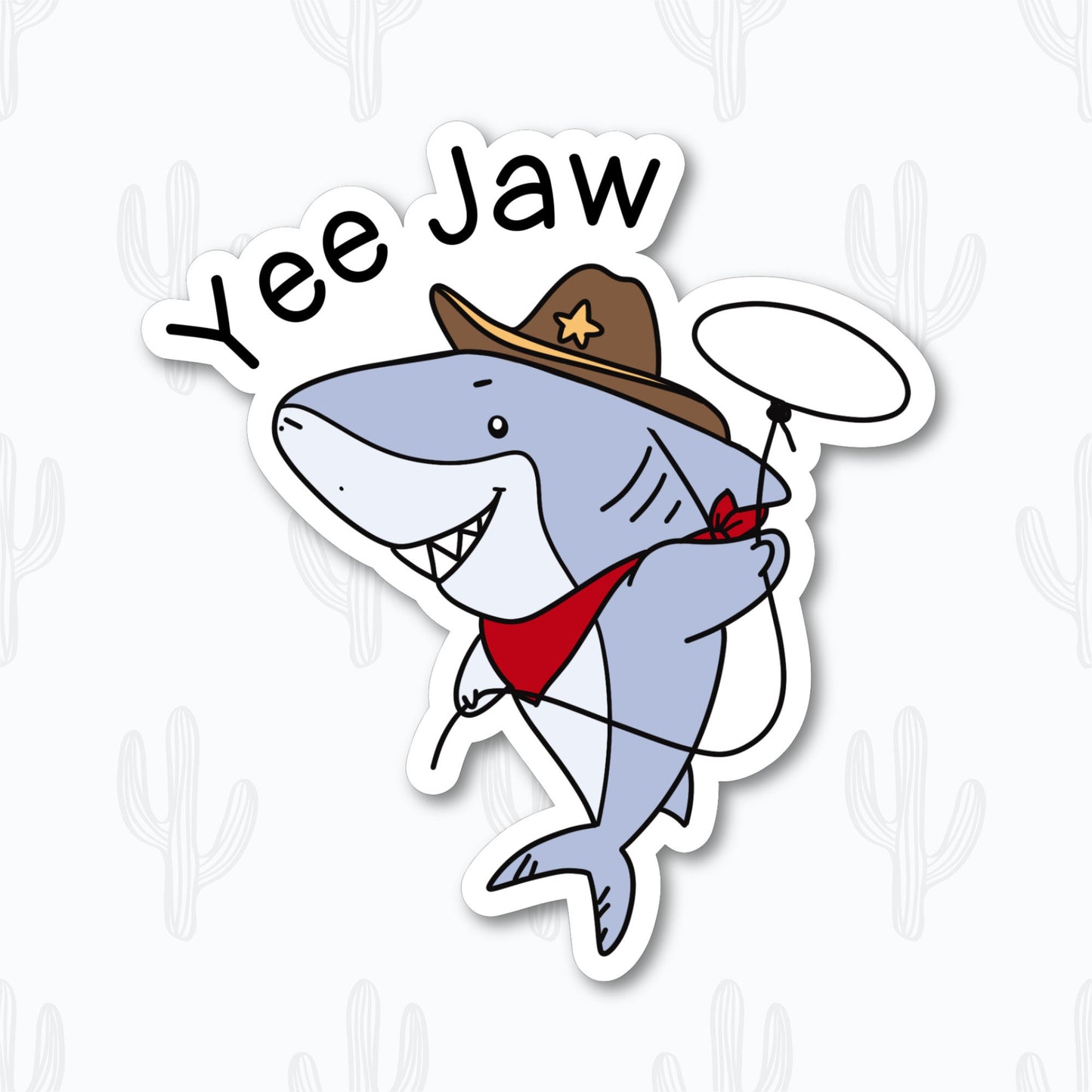 A fun sticker depicting a shark dressed as a cowboy with the phrase "Yee Jaw," perfect for adding humor and personality to any surface.