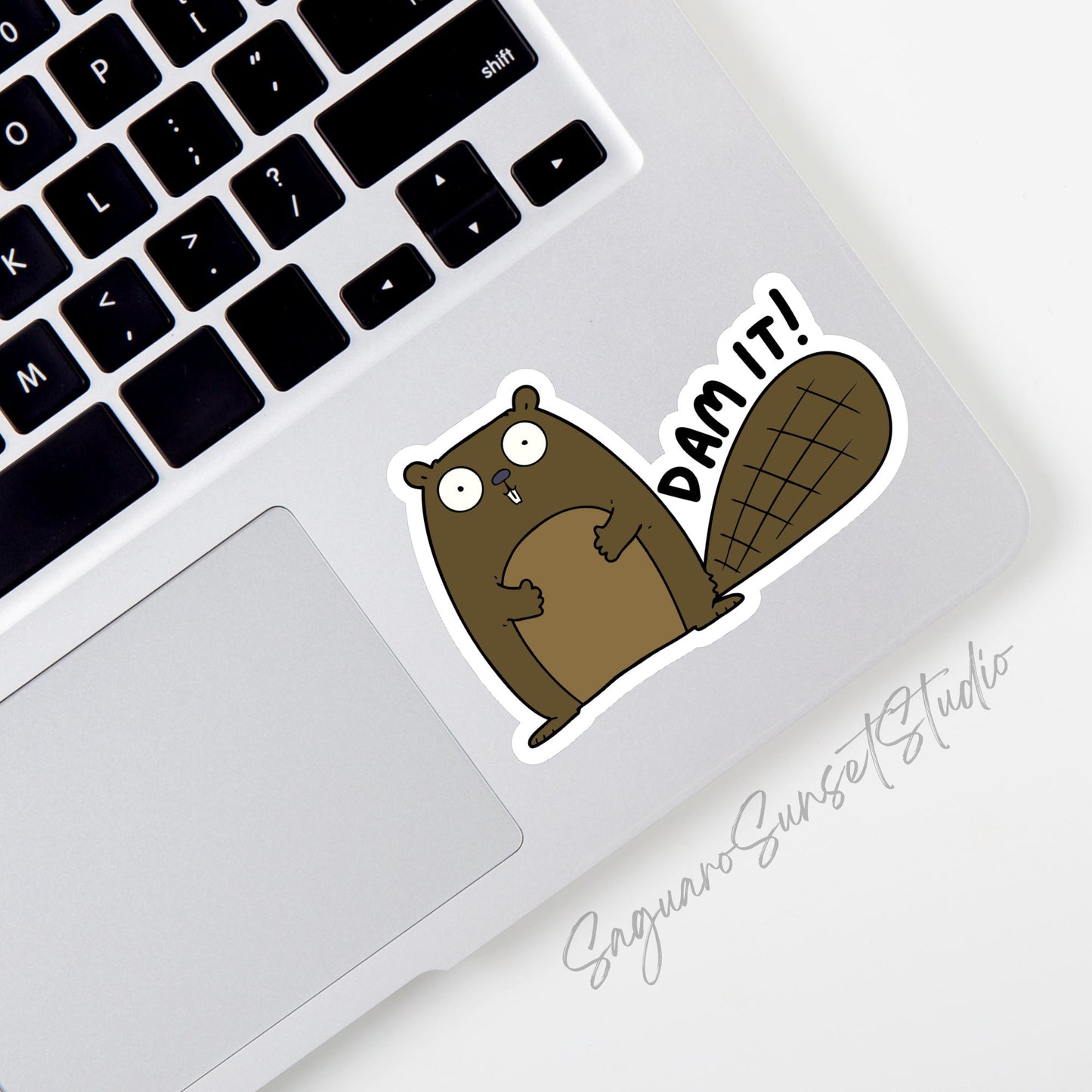 A sticker featuring a cute cartoon beaver with a large tail and the phrase "Dam It!" written in black text.