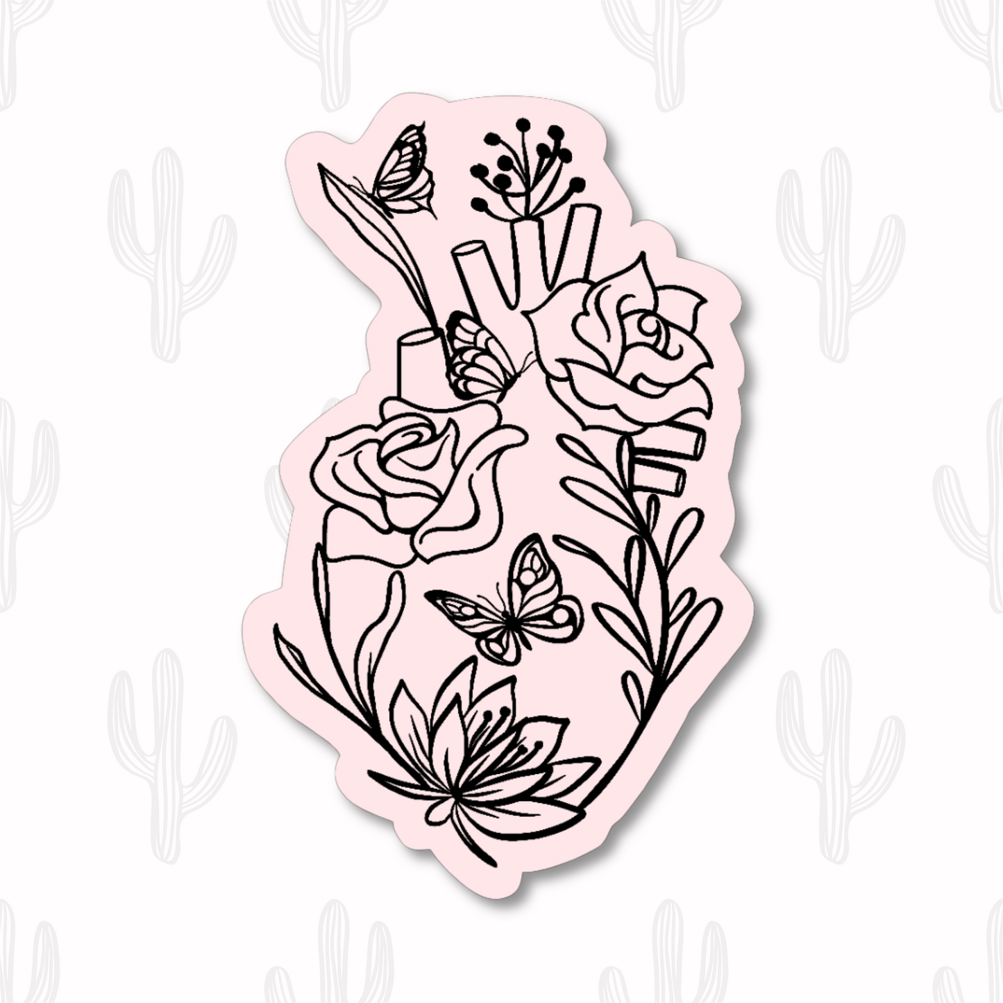 A pink sticker of an anatomical heart adorned with butterflies and flowers. 