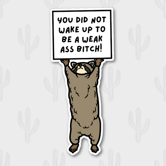 A motivational sticker with a raccoon holding a sign that says, "You did not wake up to be a weak ass bitch!" Perfect for adding a fun and uplifting touch to your belongings.