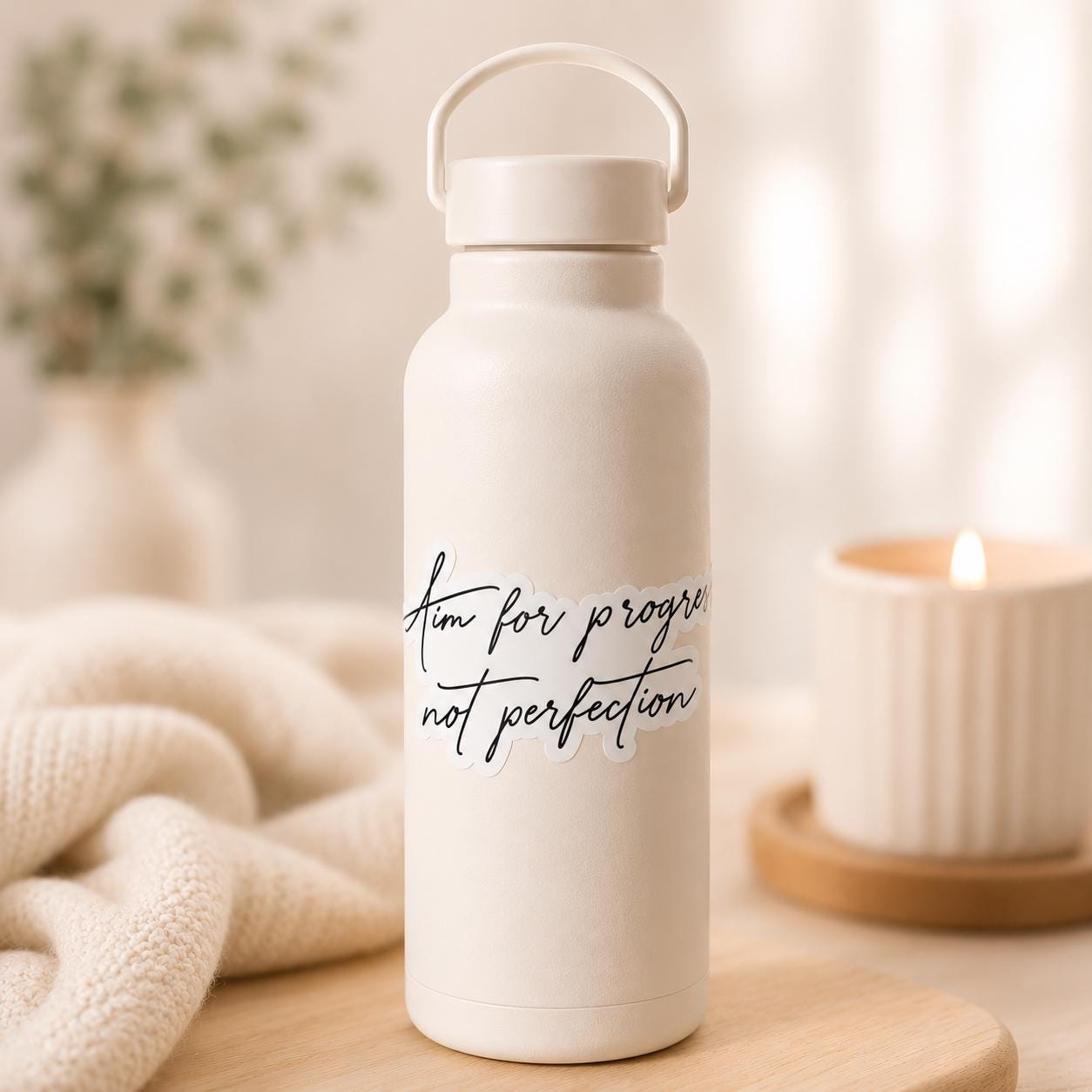A matte off-white insulated water bottle with a carrying loop lid, standing on a wooden surface. The bottle features the text ‘Aim for progress not perfection' in black script.