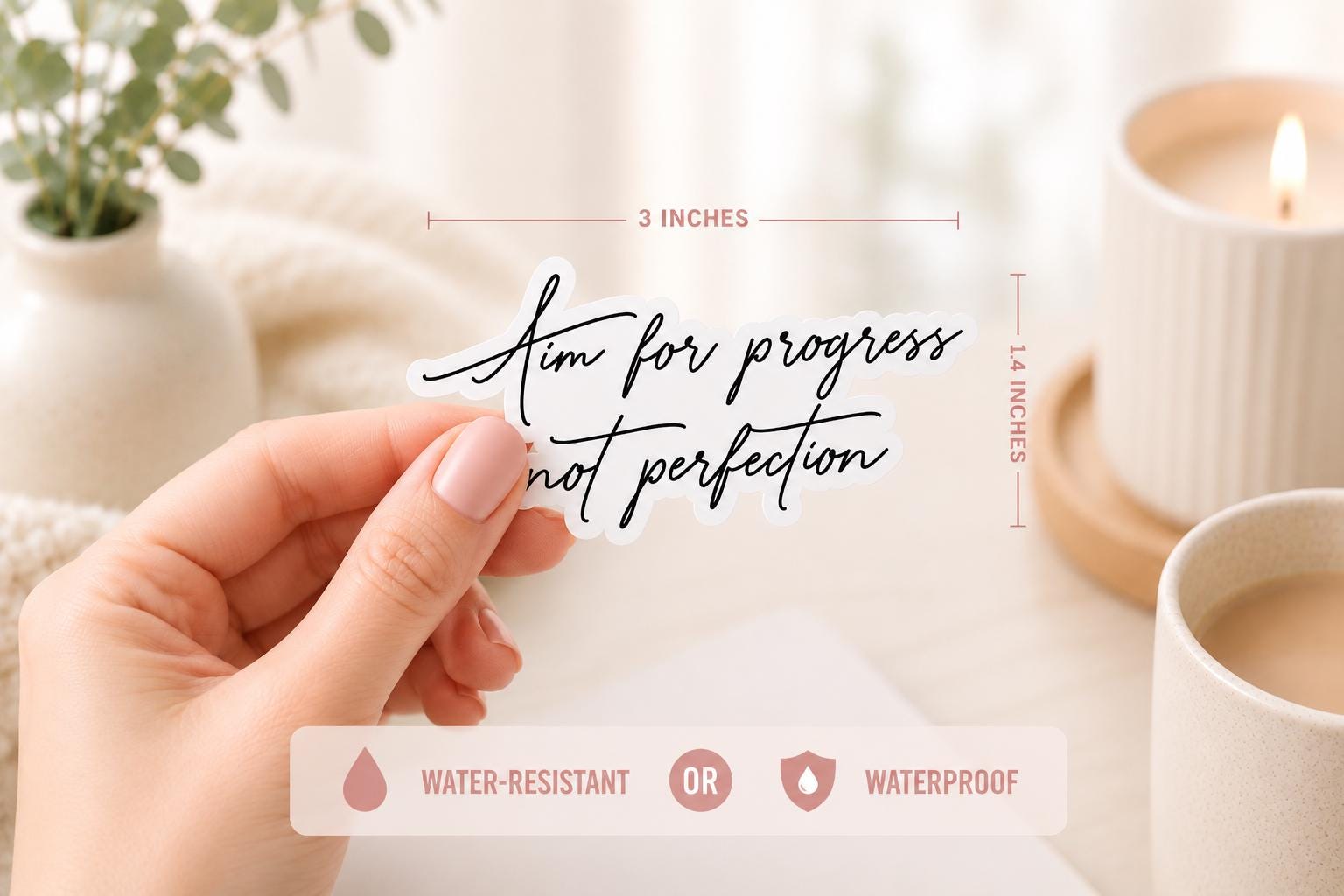 A hand holds a die-cut sticker with the phrase “Aim for progress, not perfection” in black script. The scene is softly styled with a candle, mug, and plant in the background, and measurement text indicates the sticker is 3 inches wide by 1.4 inches tall