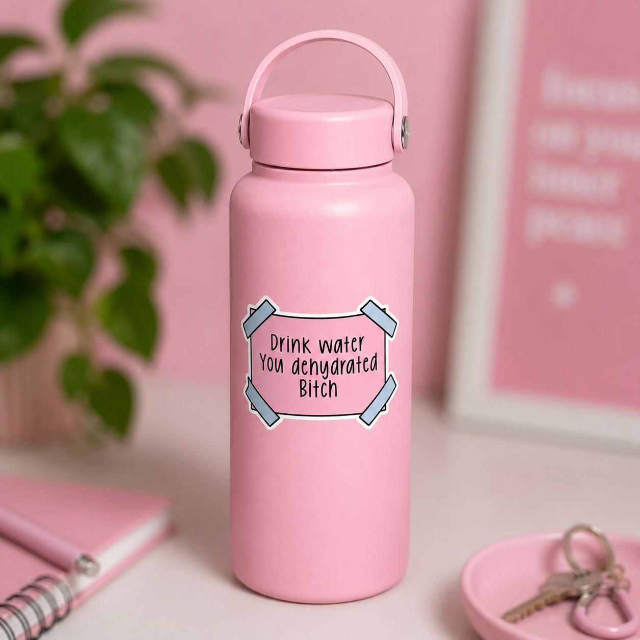 A pink insulated water bottle with a carrying loop lid, featuring a graphic label that reads 'Drink water You dehydrated Bitch' in black text with light blue corner accents. The bottle is set on a light surface against a pink background with a blurred plant, notebook, and framed print.