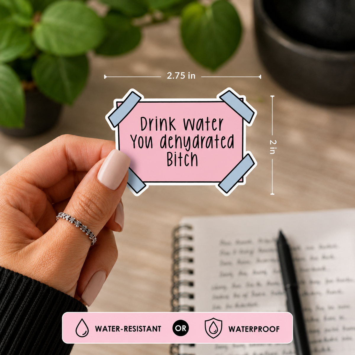 A hand holds a pink rectangular sticker with a blue tape graphic and the text 'Drink water You dehydrated Bitch'. The background shows a blurred desk scene with a plant, notebook, and pen, with dimension lines indicating 2.75 inches wide by  inches tall.