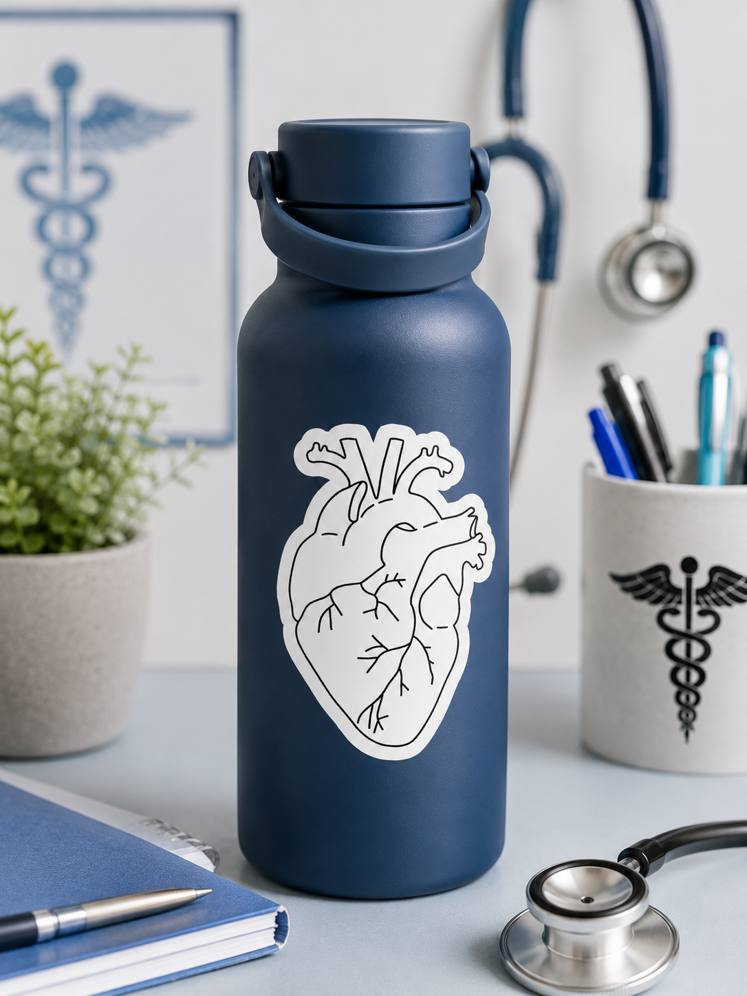 A dark blue insulated water bottle with a white anatomical heart graphic on the front, styled on a desk with a stethoscope, pens, and medical-themed decor in the background.