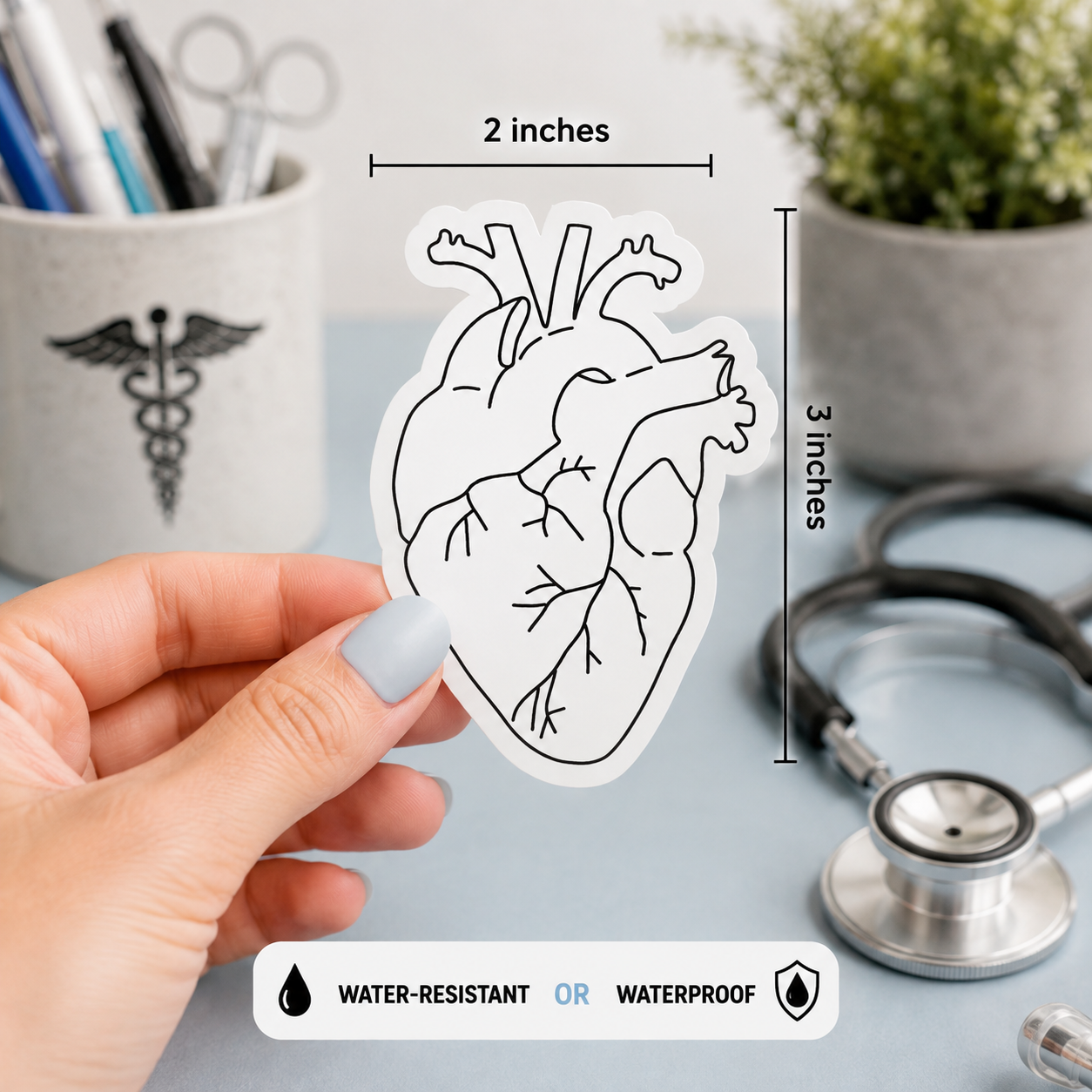 A hand holds a die-cut sticker of an anatomical heart with measurement callouts showing 2 inches wide and 3 inches tall, on a medical-themed desk with a stethoscope, pen cup, and plant.