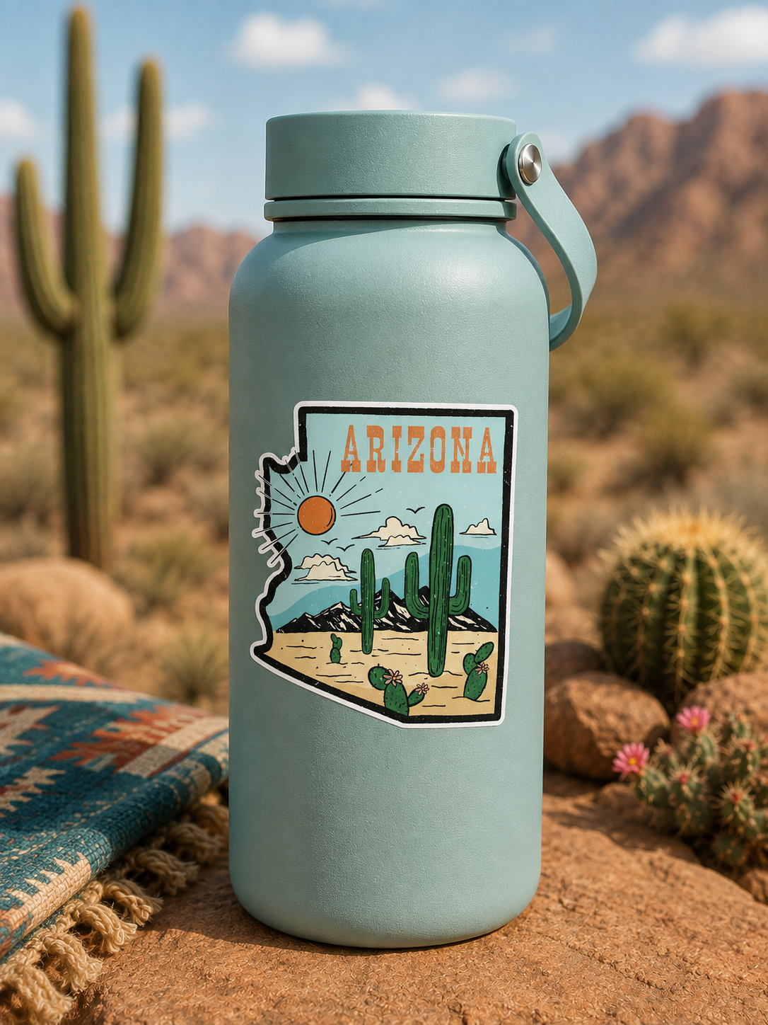 A matte sage green insulated water bottle with a carrying loop, featuring a colorful Arizona desert landscape sticker on the front. The bottle is set outdoors on a sandy surface with desert cacti, rocks, and a patterned blanket in the background.