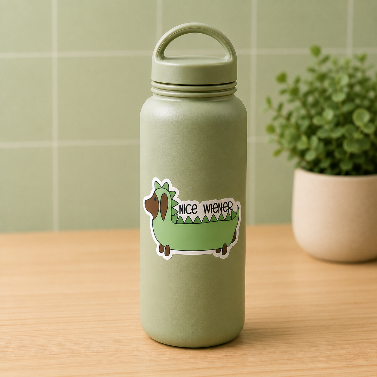 An olive green insulated water bottle with a matching lid and carry loop, featuring a cartoon dachshund wearing a dinosaur costume sticker that reads 'NICE WIENER' on the front, set on a wooden table with a tiled wall and potted plant in the background.