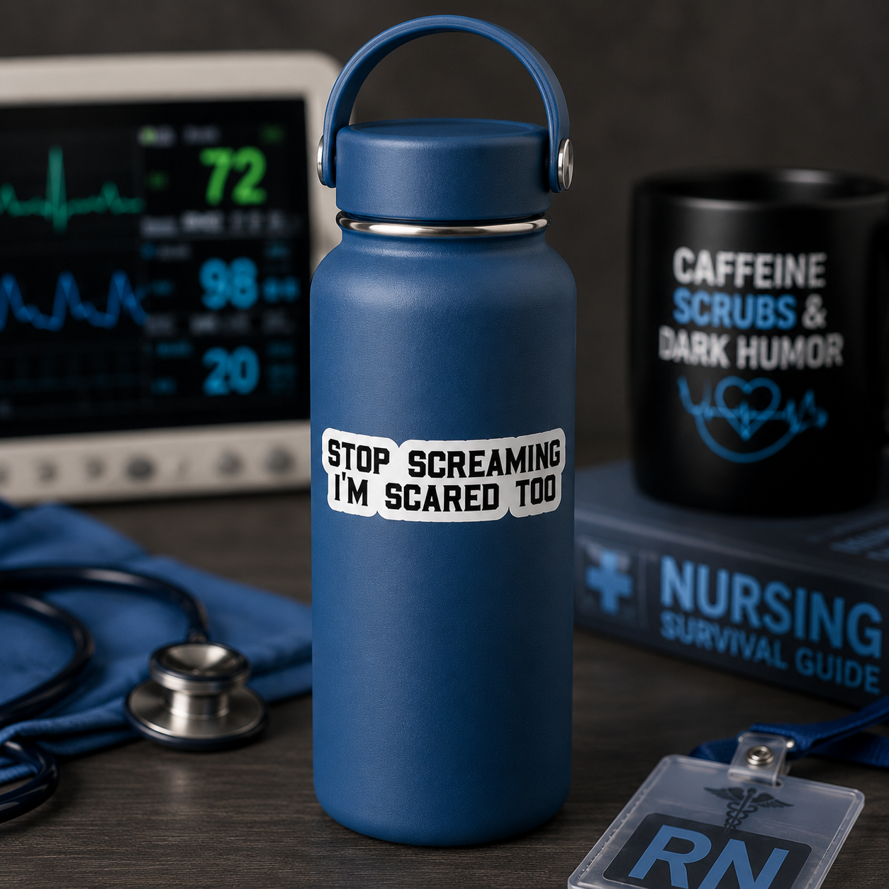 A blue insulated water bottle with a handle and a white sticker reading 'STOP SCREAMING I'M SCARED TOO' stands on a tabletop. A stethoscope, monitor, mug, book, and ID badge are arranged around it in a styled medical-themed setting.