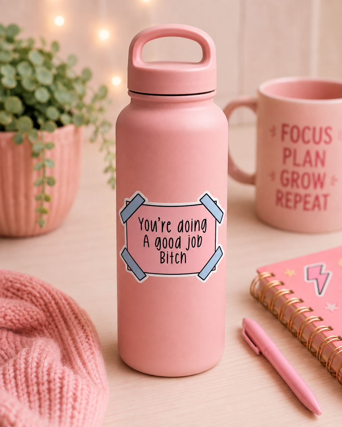 A pink insulated water bottle with a handle and a printed graphic that reads 'You're doing A good job Bitch' taped in blue tape, styled on a tabletop with a pink mug, notebook, pen, and plant in the background.