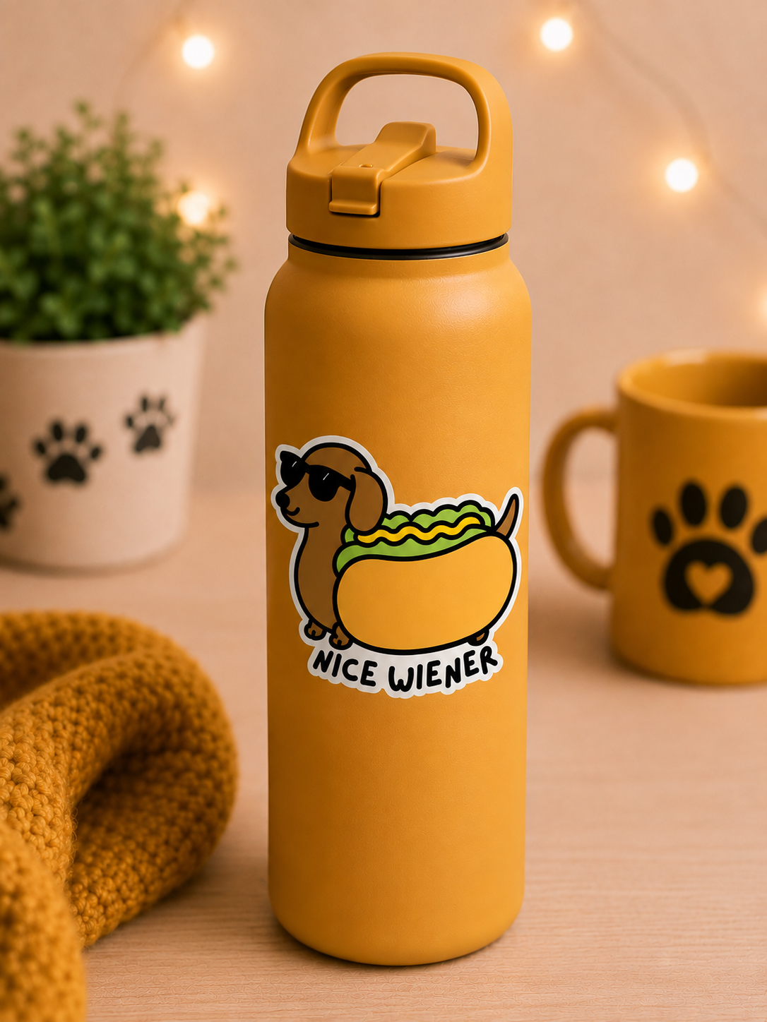 A yellow insulated water bottle with a cartoon dachshund wearing sunglasses and a hot dog with cheese, labeled 'NICE WIENER,' standing on a wooden surface. A matching yellow mug with a paw print is blurred in the background, along with a plant, string lights, and a knitted yellow scarf.