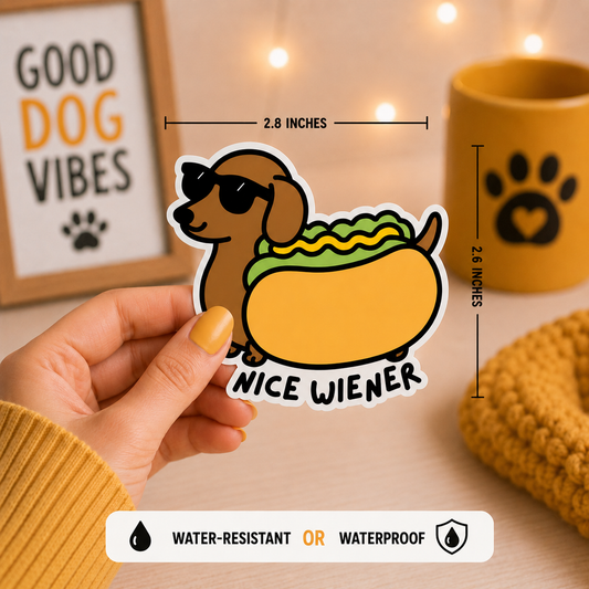 A hand holds a die-cut sticker featuring a dachshund wearing sunglasses and sitting in a hot dog bun with green and yellow toppings, above the text 'NICE WIENER.' The sticker is shown in a styled indoor setting with measurement callouts indicating 2.8 inches wide by 2.6 inches tall.