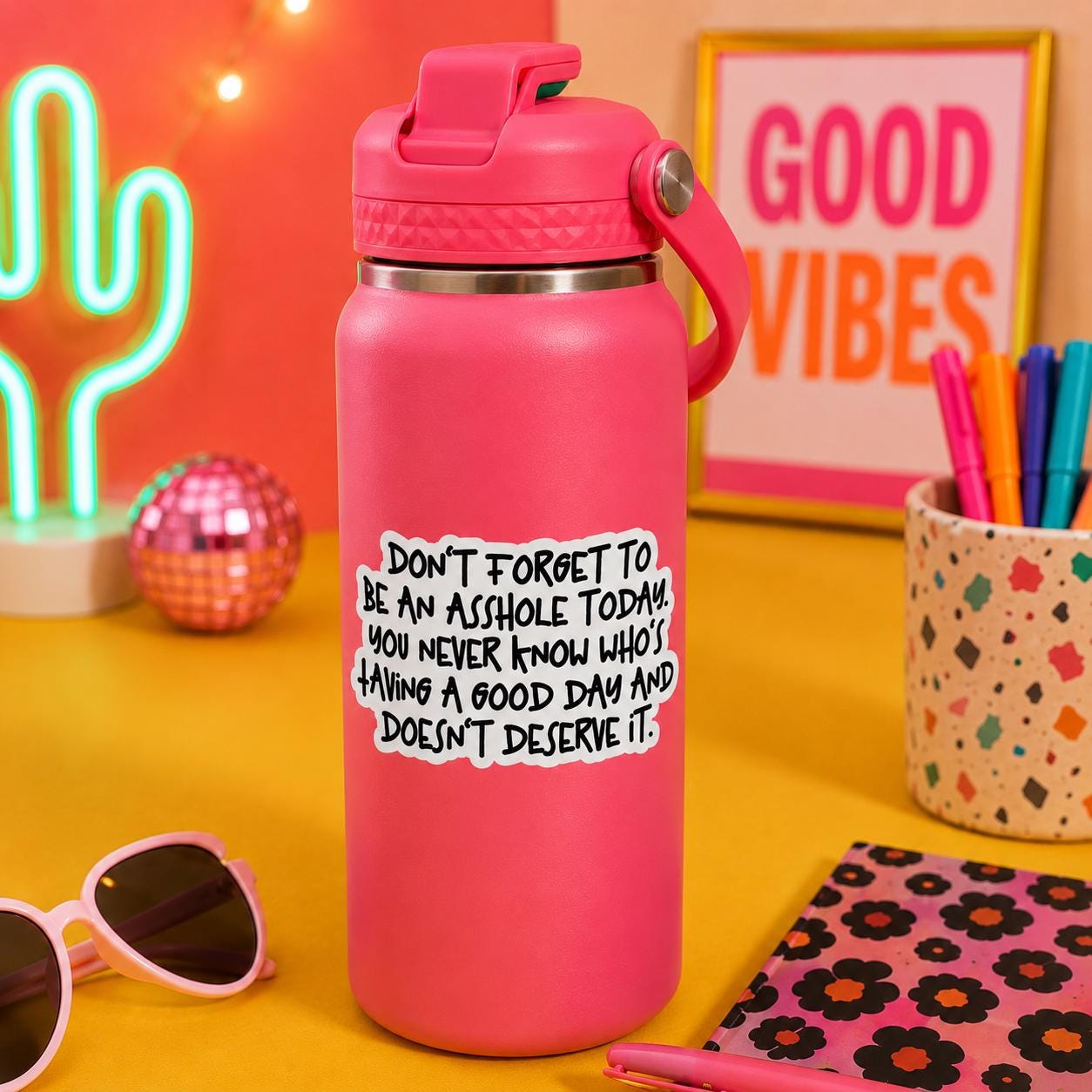 A pink insulated water bottle with a flip-top lid and carrying loop, standing on a yellow tabletop. The bottle has a printed black-and-white quote on the front saying ‘Don’t forget to be an asshole today. You never know who’s having a good day and doesn’t deserve it'.
