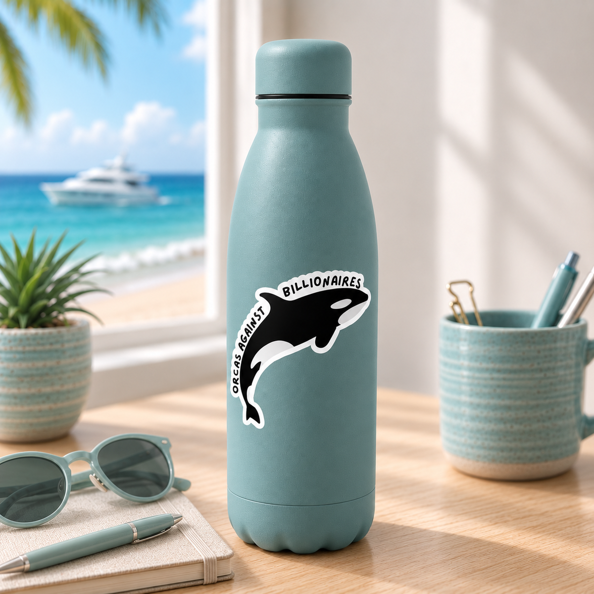 A matte light blue insulated water bottle with a black and white orca sticker reading ‘ORCAS AGAINST BILLIONARES' stands on a wooden table in a bright room. A beach scene with ocean and a yacht is visible in the window behind it, along with sunglasses, a pen, a plant, and a striped mug.