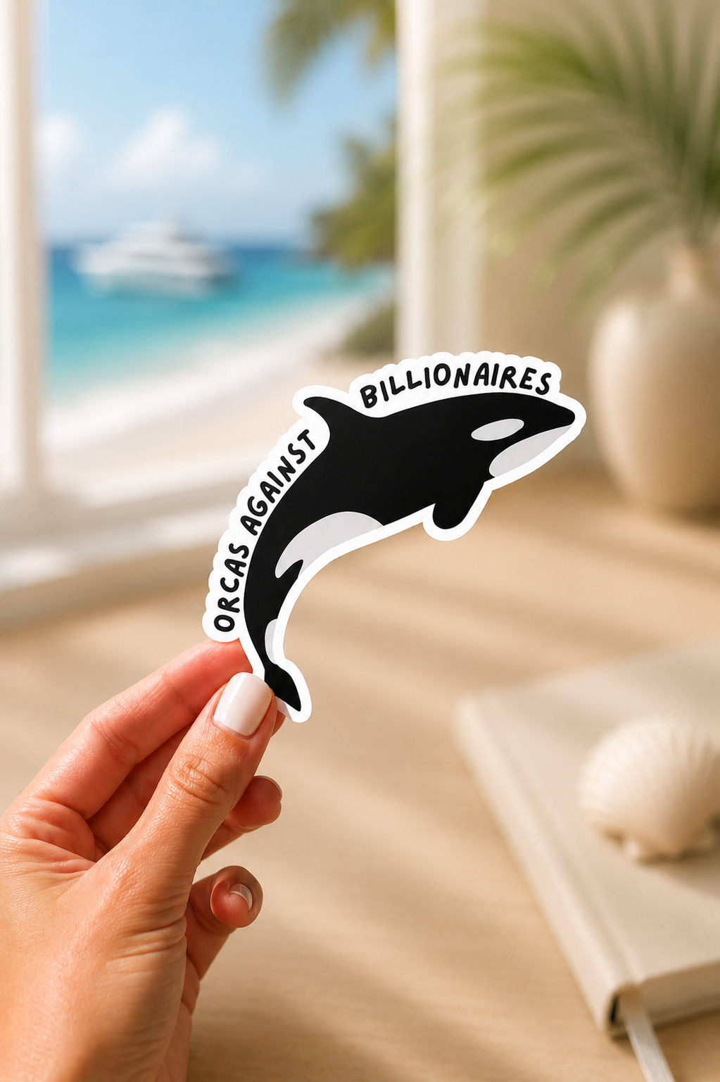 A hand holds a die-cut sticker shaped like an orca, with the words 'ORCAS AGAINST BILLIONAIRES' printed on it. The background is a softly blurred beach scene with ocean water, palm leaves, and a neutral interior surface.