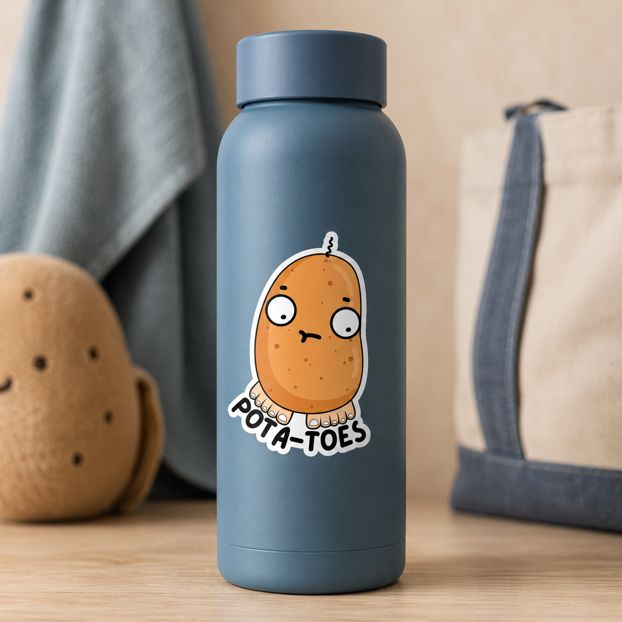 A matte slate blue insulated water bottle with a cartoon potato character and the text 'POTATO-TOES' on the front, standing on a wooden surface with a neutral-toned background.