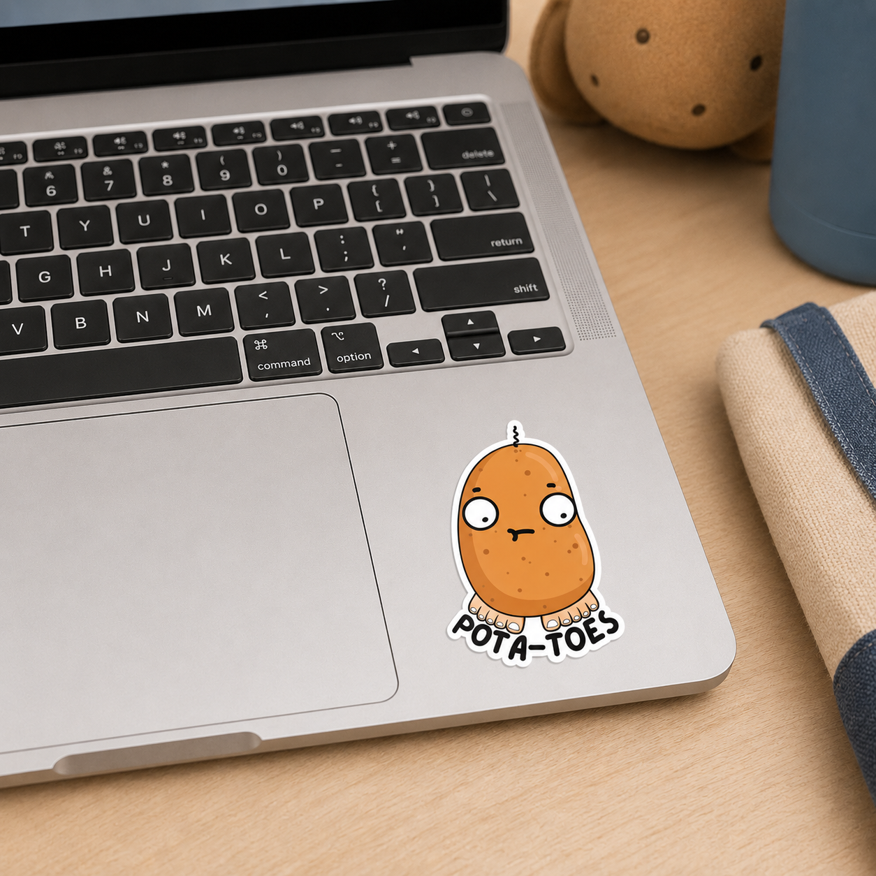 A die-cut vinyl sticker of a cartoon potato character with the text 'POTA-TOES' applied to the lower left corner of a silver laptop on a wooden desk, with a blue mug and a notebook visible in the background.