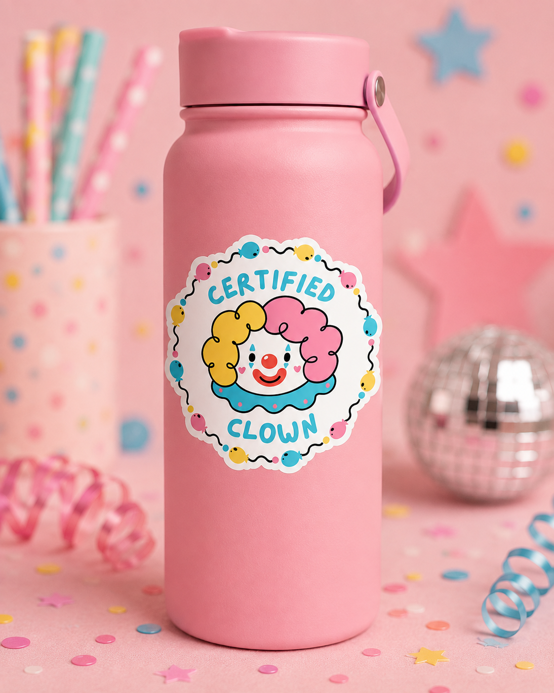 A pink insulated water bottle with a matching pink lid and carry loop, featuring a round sticker that reads 'CERTIFIED CLOWN' around a clown face. The bottle is photographed on a pink party-themed background with confetti, star decorations, pastel straws, and a disco ball.
