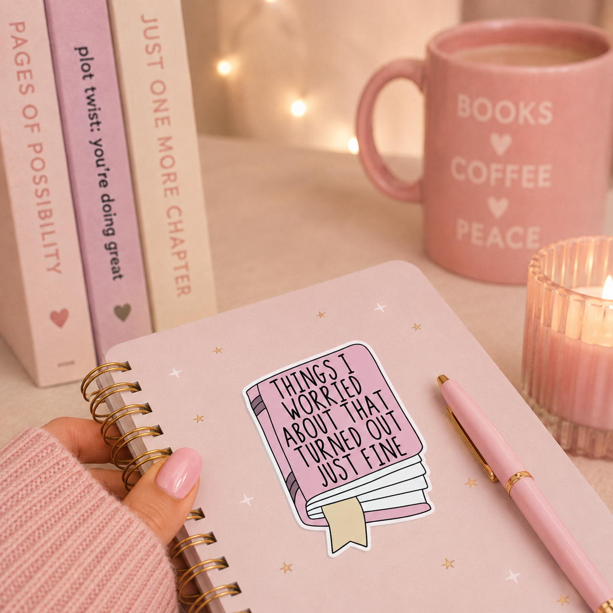 A pink spiral notebook with a sticker that reads 'THINGS I WORRIED ABOUT THAT TURNED OUT JUST FINE' on the cover, styled with a pink pen, a pink mug that says 'BOOKS COFFEE PEACE', and books in the background.
