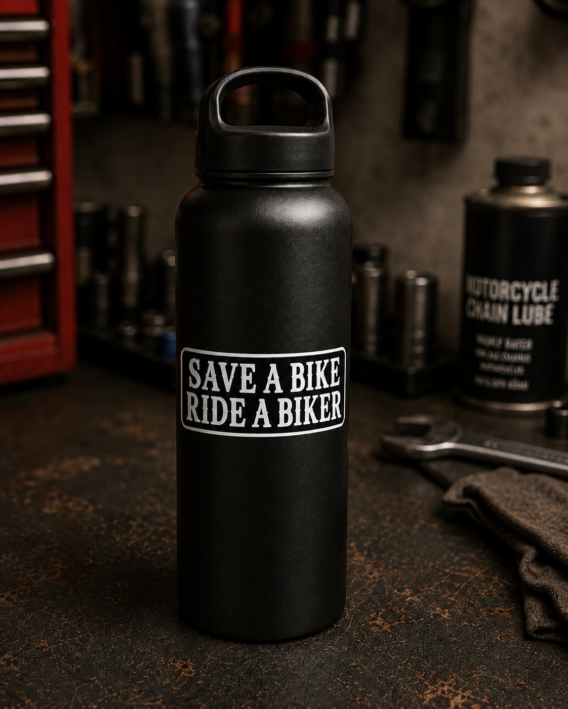 A matte black insulated water bottle with a carry loop and a white rectangular sticker that reads 'SAVE A BIKE RIDE A BIKER' in bold text, set on a workshop table with tools and a motorcycle chain lube bottle in the background.