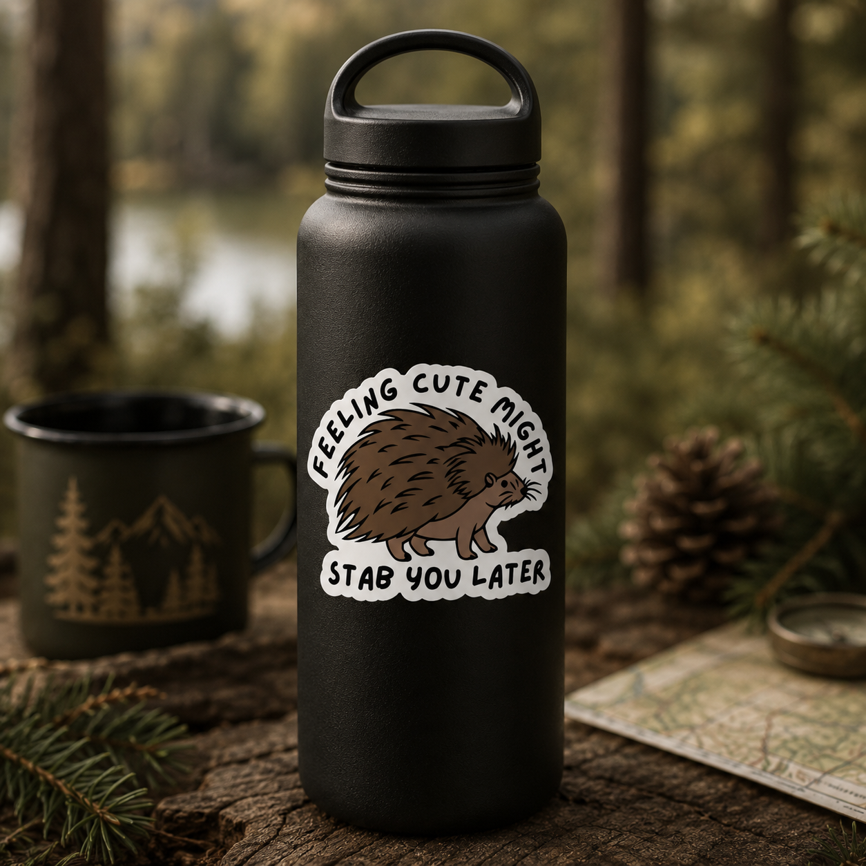 A matte black insulated water bottle with a carry loop lid stands on a rustic wooden surface in a forest setting. A die-cut sticker on the front shows a brown hedgehog and the text “FEELING CUTE MIGHT STAB YOU LATER.