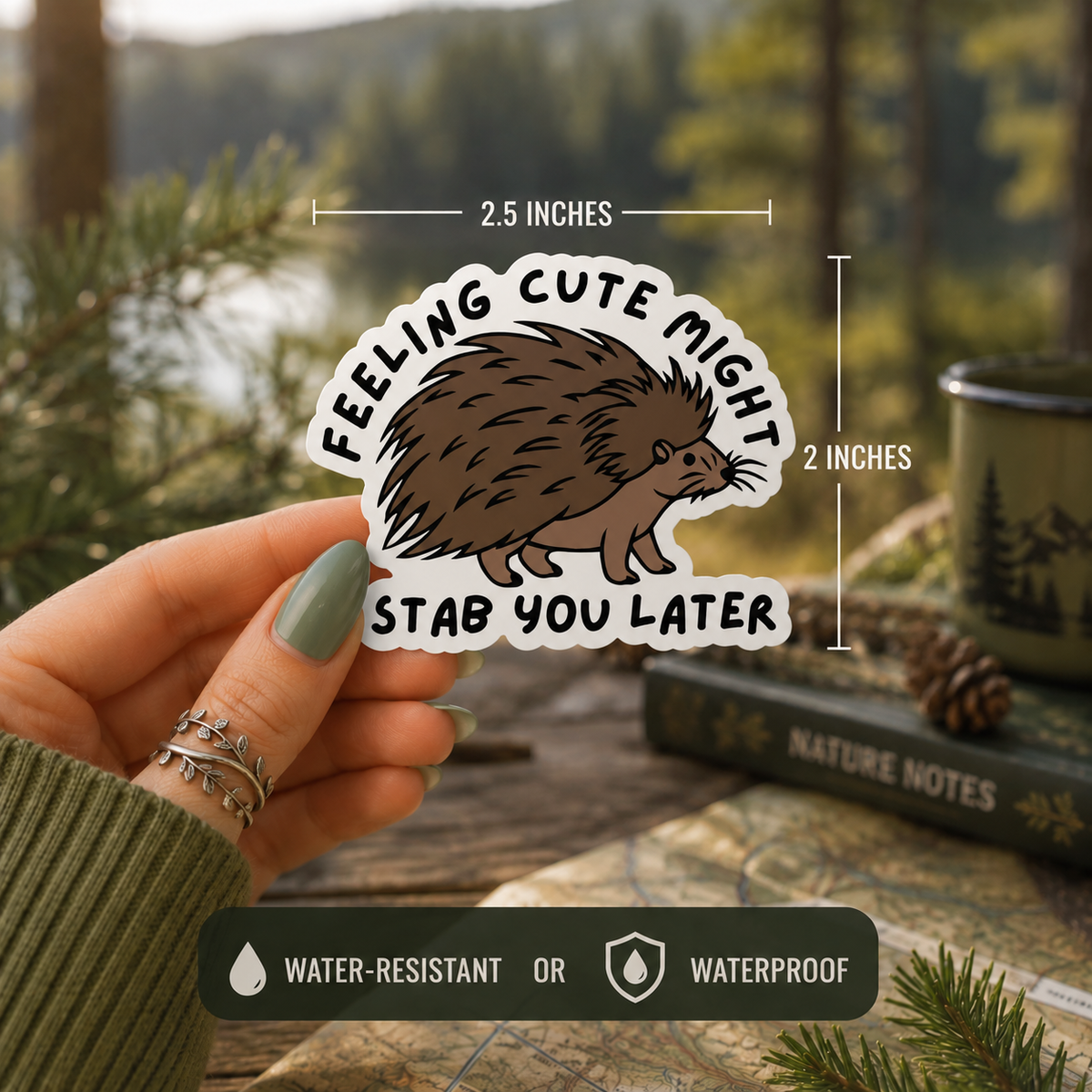 A hand holds a die-cut sticker featuring a brown hedgehog with the text 'FEELING CUTE MIGHT STAB YOU LATER' in white, with dimension lines showing 2.5 inches wide by 2 inches tall.