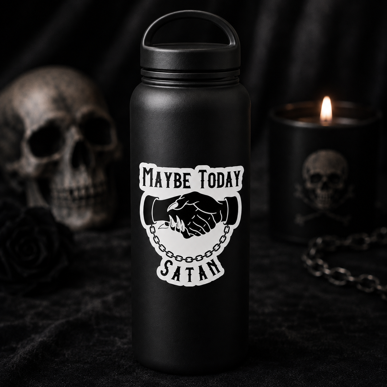 A matte black insulated water bottle with a matching black lid, centered on a dark gothic-themed background. The bottle features a white graphic of a handshake held together by a chain, with the text 'MAYBE TODAY SATAN' arched above and below.