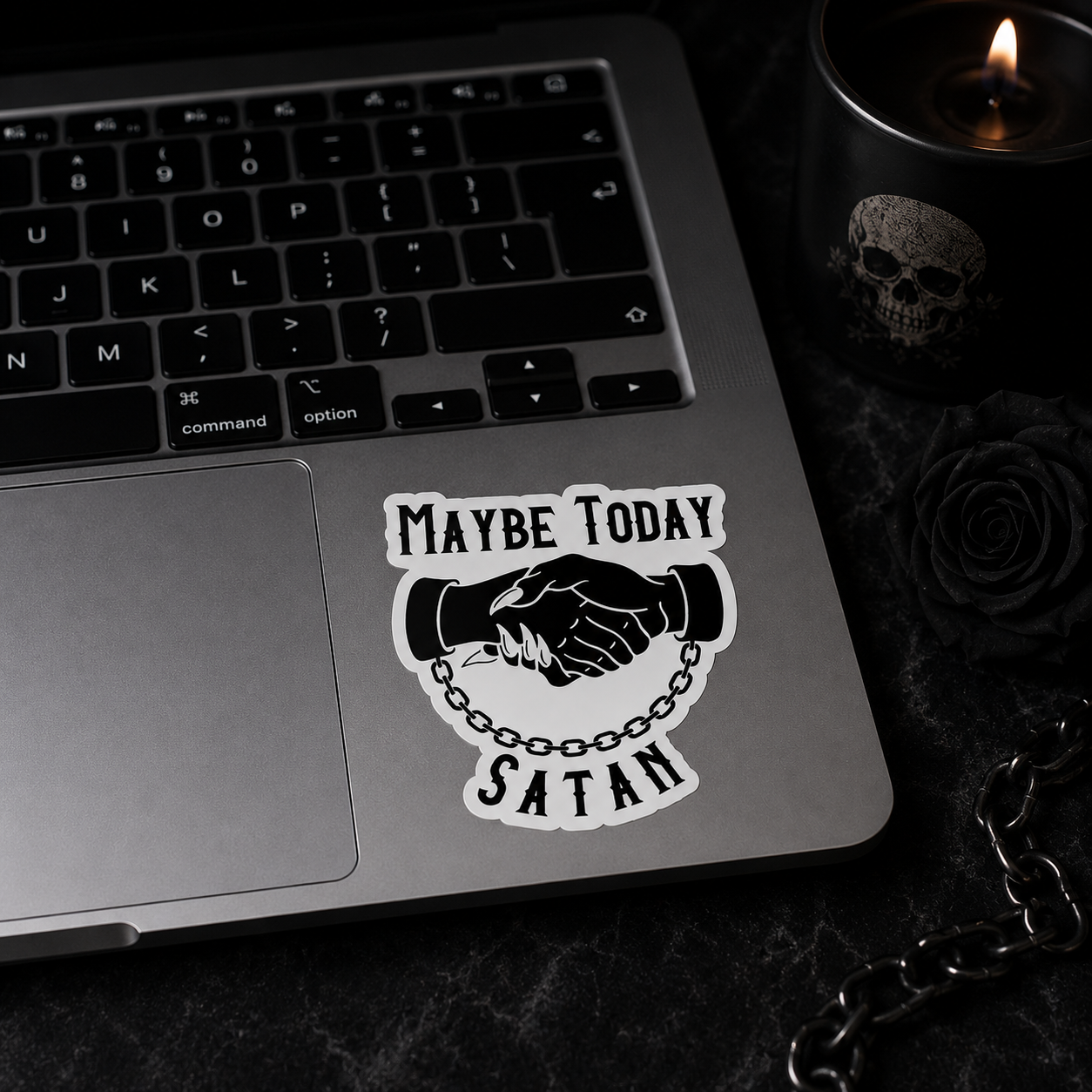 A die-cut vinyl sticker with the text 'MAYBE TODAY SATAN' and a black handshake over a chain graphic, placed on the corner of a silver laptop. The scene is styled with a black skull candle, a black rose, and a chain on a dark textured surface.