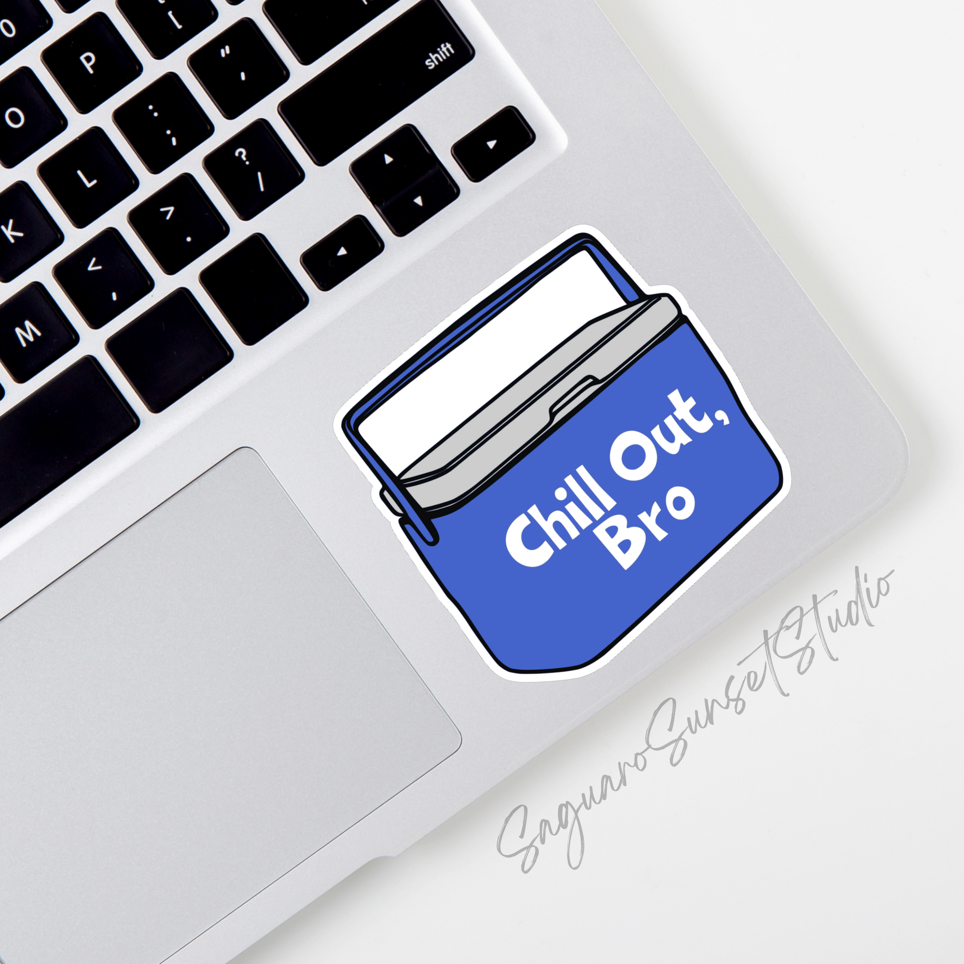 A sticker of a blue cooler with the phrase 'Chill out, Bro'