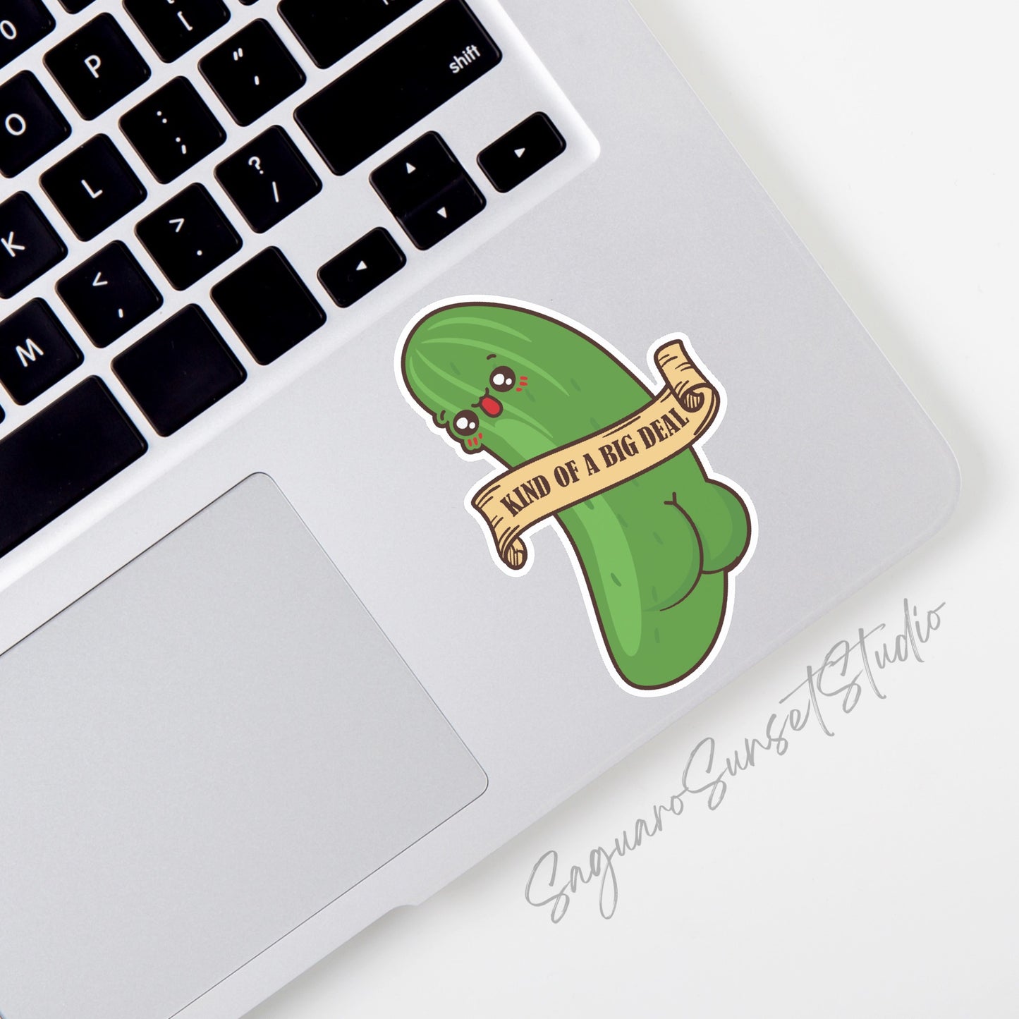 Sticker featuring a cute pickle with the text "Kind of a Big Dill."