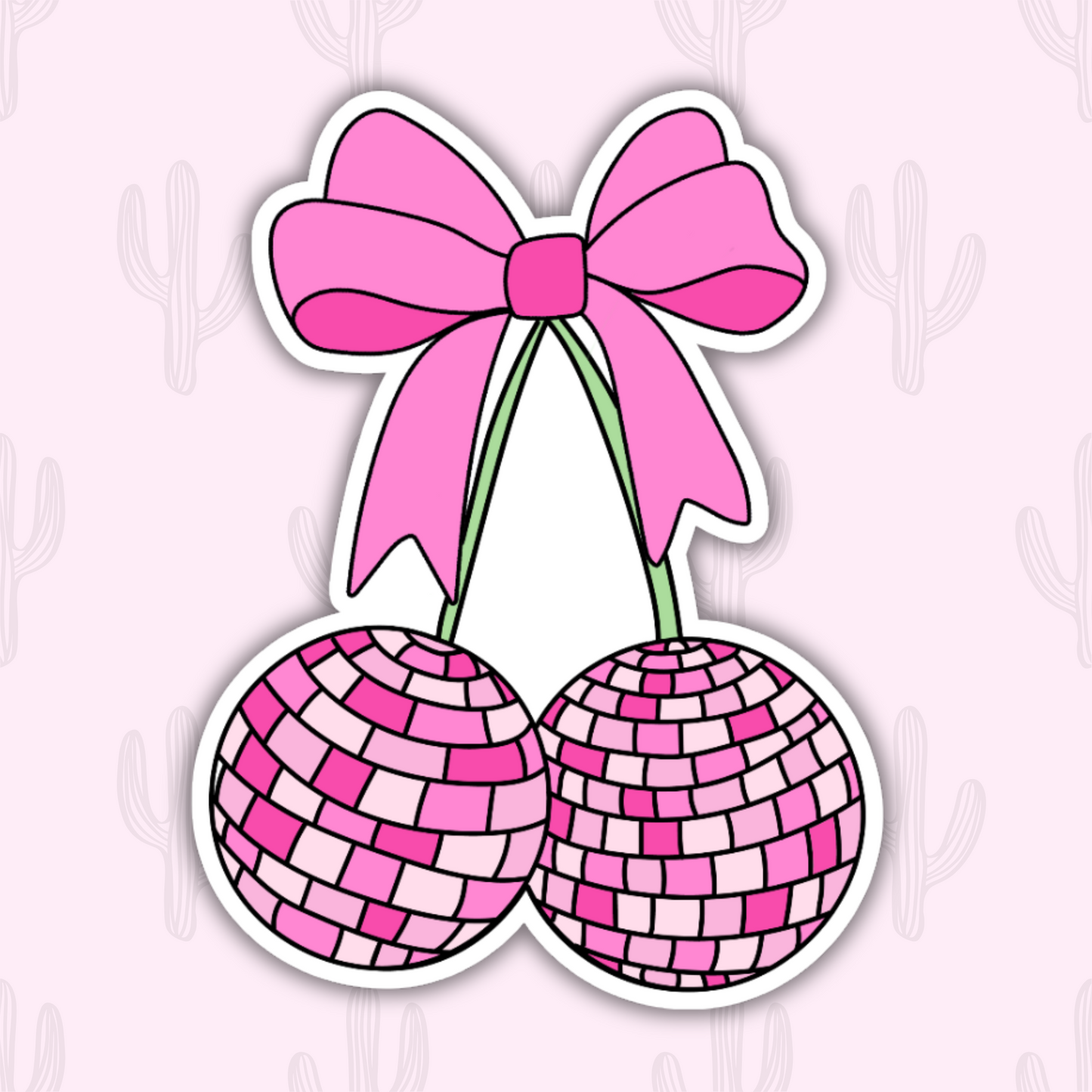 A colorful sticker featuring two disco ball cherries with a glossy pink and magenta tiled design. The cherries are connected by green stems tied at the top with a large pink bow. 