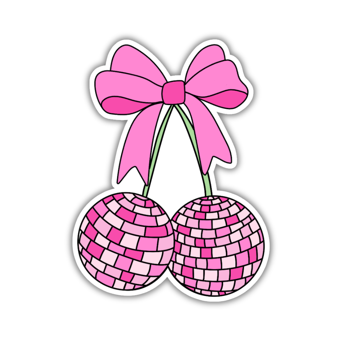 A colorful sticker featuring two disco ball cherries with a glossy pink and magenta tiled design. The cherries are connected by green stems tied at the top with a large pink bow. 