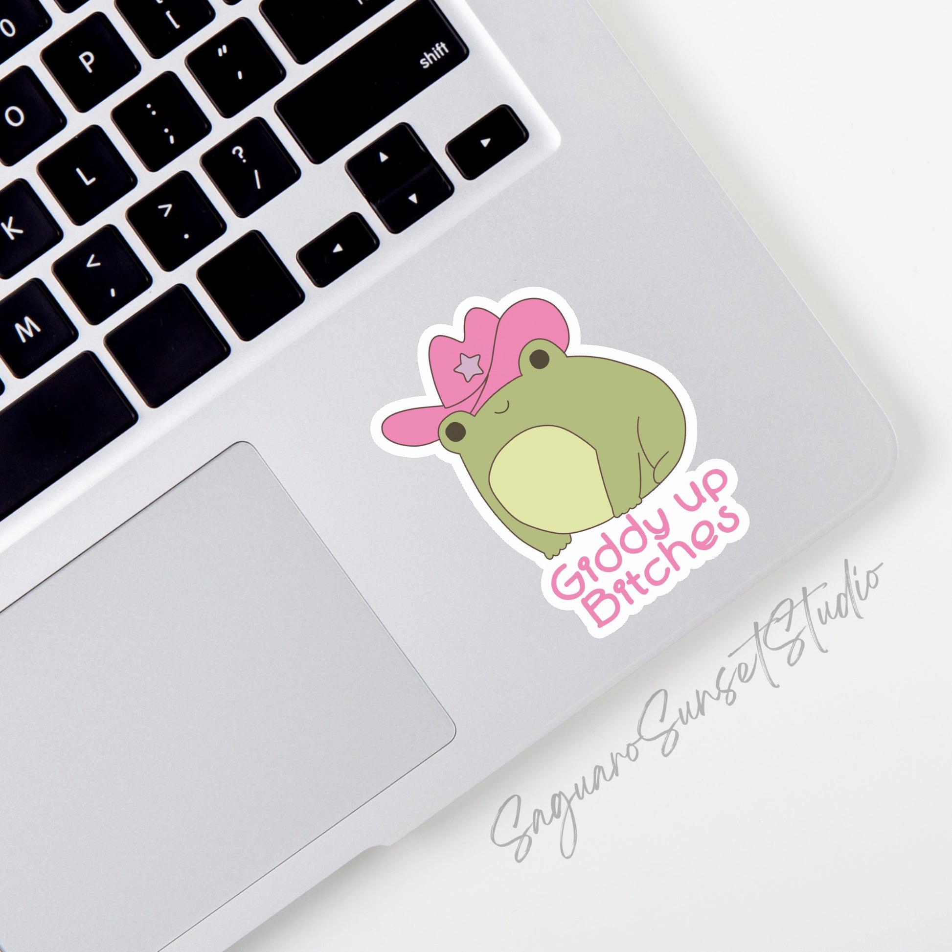 A vinyl sticker featuring a cute frog wearing a pink cowboy hat with the phrase "Giddy Up Bitches" in playful pink text