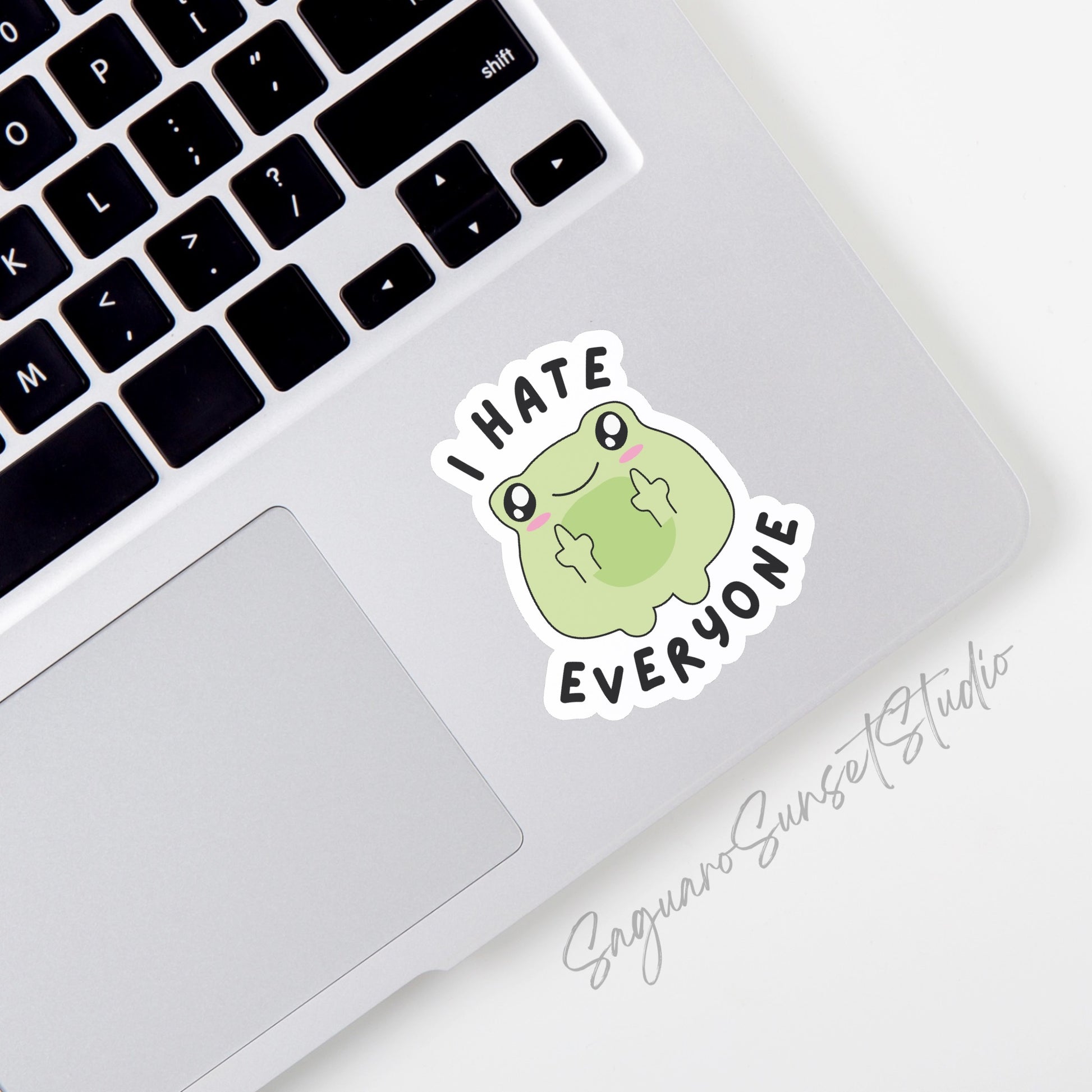 Cute green frog with a cheeky expression holding up two middle fingers and the bold text "I HATE EVERYONE" in a fun, playful font.