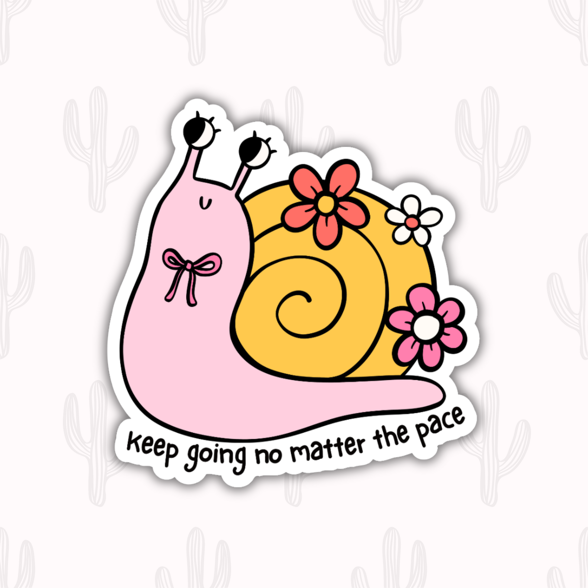 A cute pink snail with large, expressive eyes and a yellow spiral shell decorated with colorful flowers. The sticker includes the motivational phrase "Keep going no matter the pace" written below the snail. 