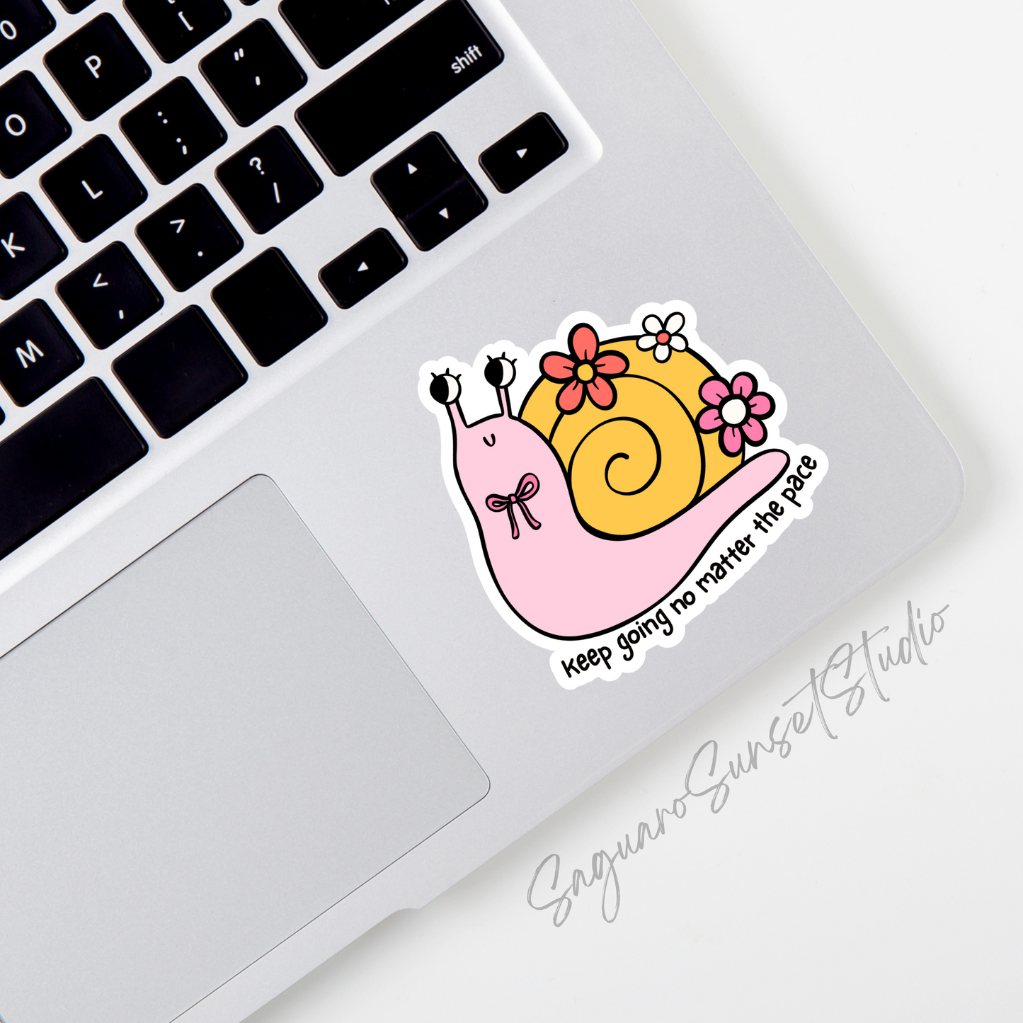 A cute pink snail with large, expressive eyes and a yellow spiral shell decorated with colorful flowers. The sticker includes the motivational phrase "Keep going no matter the pace" written below the snail. The background has a light cactus pattern.