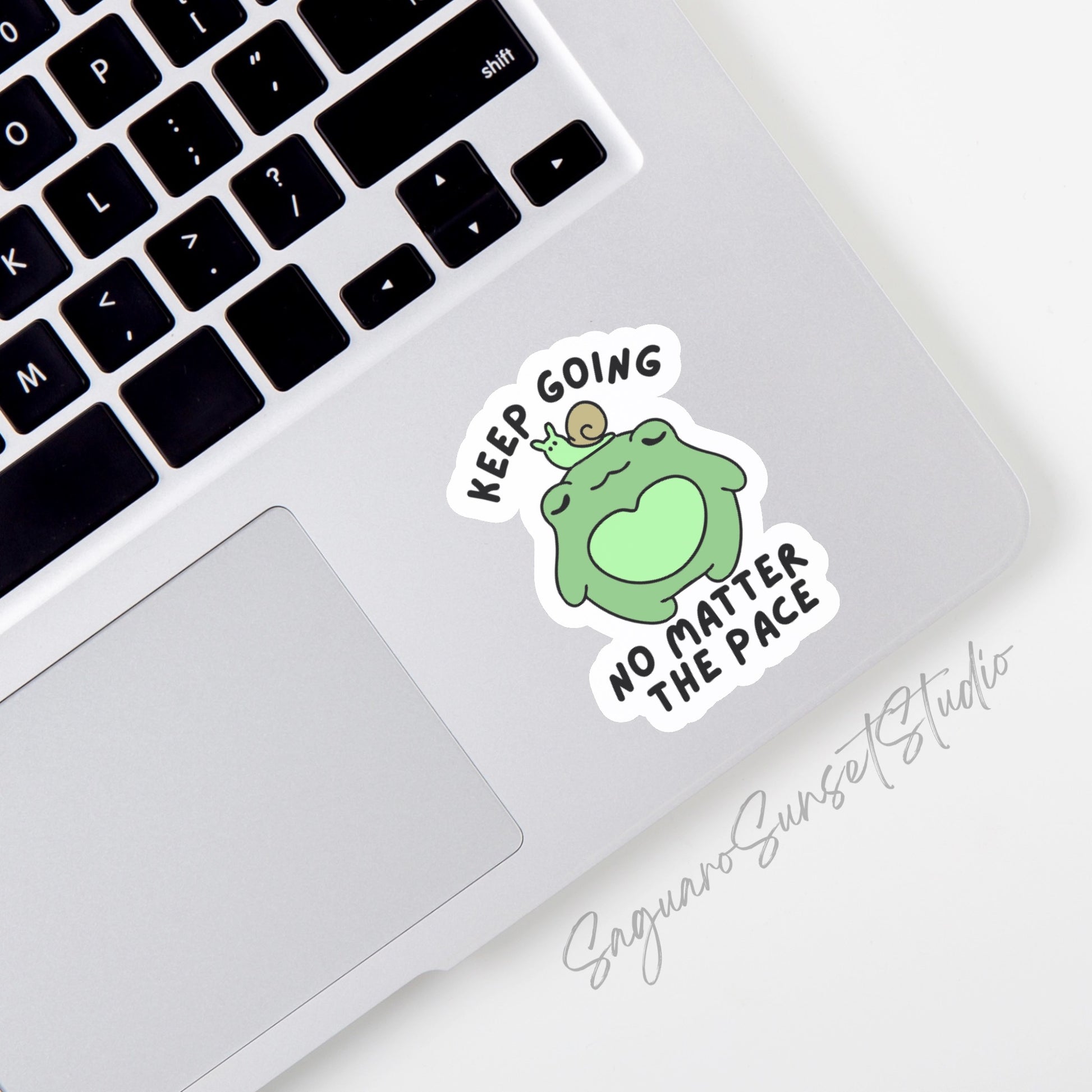 Sticker featuring an adorable frog with a snail on its head and the text "Keep Going No Matter The Pace."