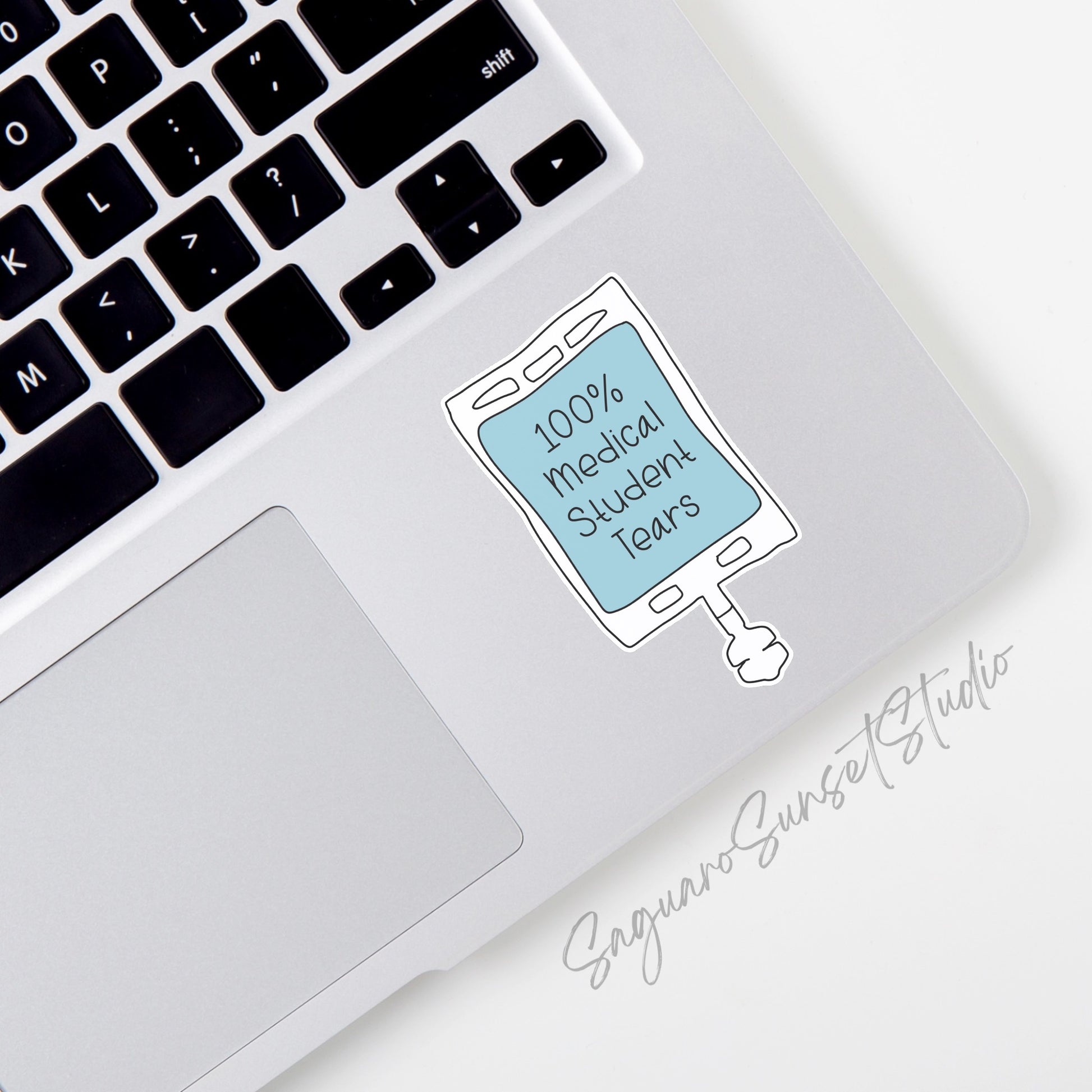 Sticker featuring an IV bag with the text "100% Medical Student Tears." Perfect for adding humor and relatability for medical students and professionals