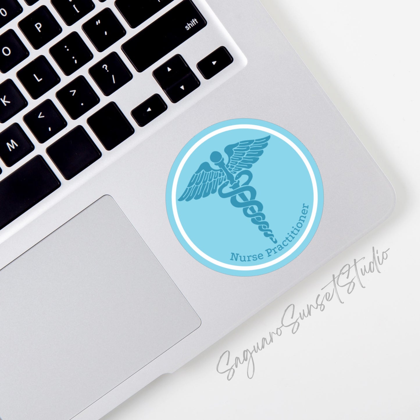 Blue circular sticker featuring the caduceus symbol and the words "Nurse Practitioner," designed to be professional and stylish.