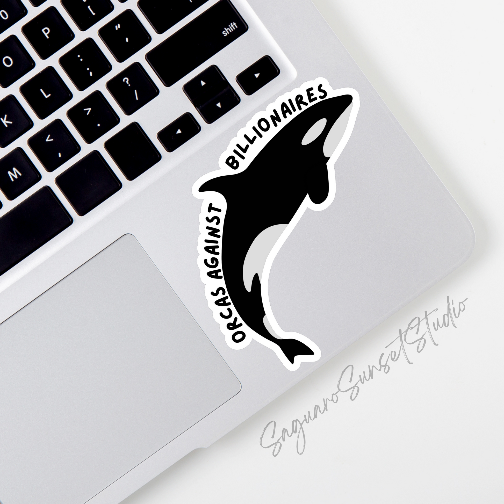 An orca with the phrase 'Orcas against billionares' on the bottom corner of a laptop.