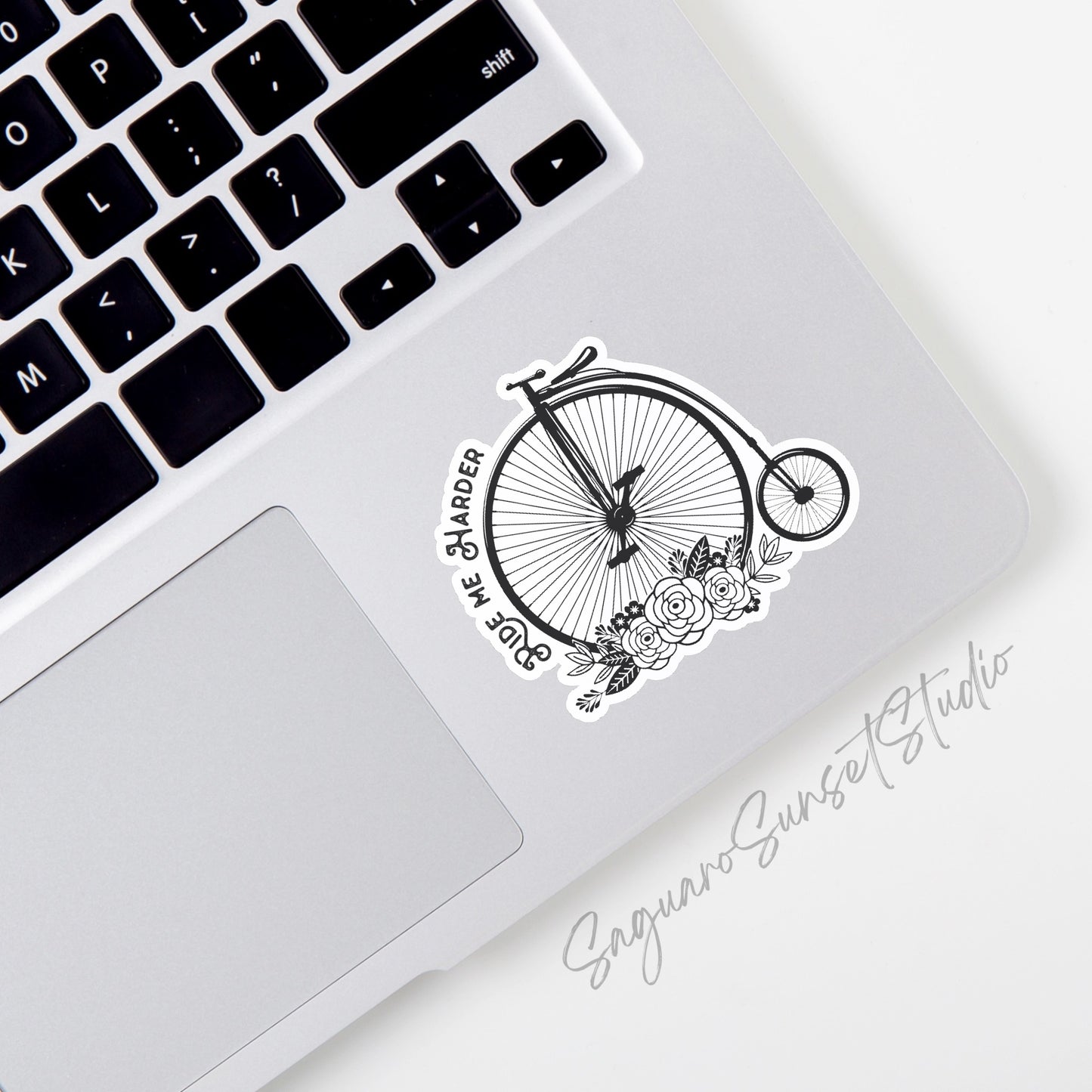 Sticker featuring a classic bicycle with the phrase "Ride Me Harder," designed to add vintage charm and humor to personal items.