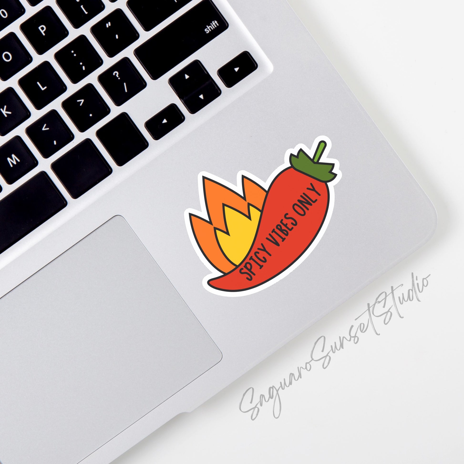 Sticker featuring a chili pepper with flames and the phrase "Spicy Vibes Only," designed to add heat and boldness to personal items.